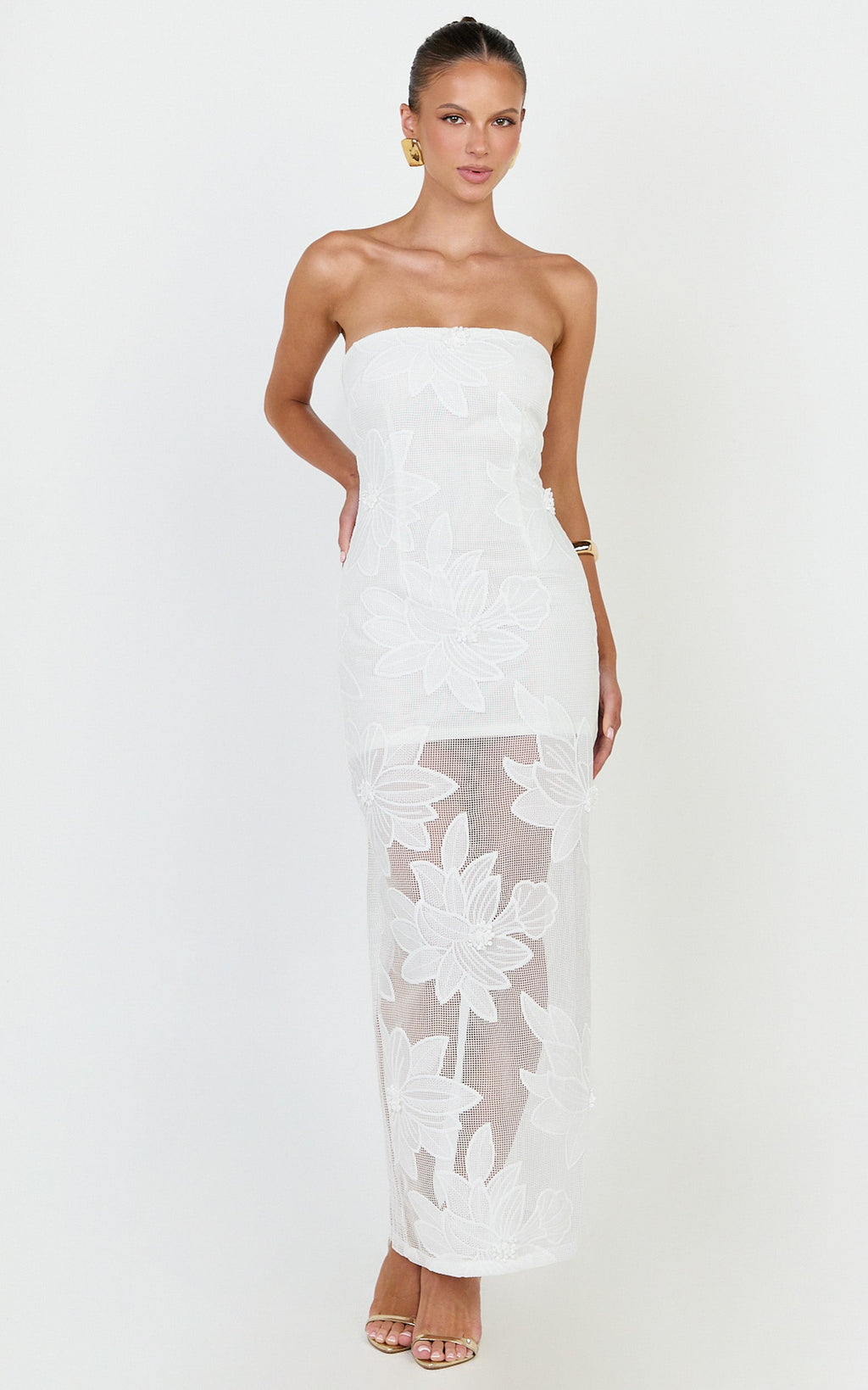 Sienna Midi Dress - Strapless Floral Embroidered Bodycon Dress in White