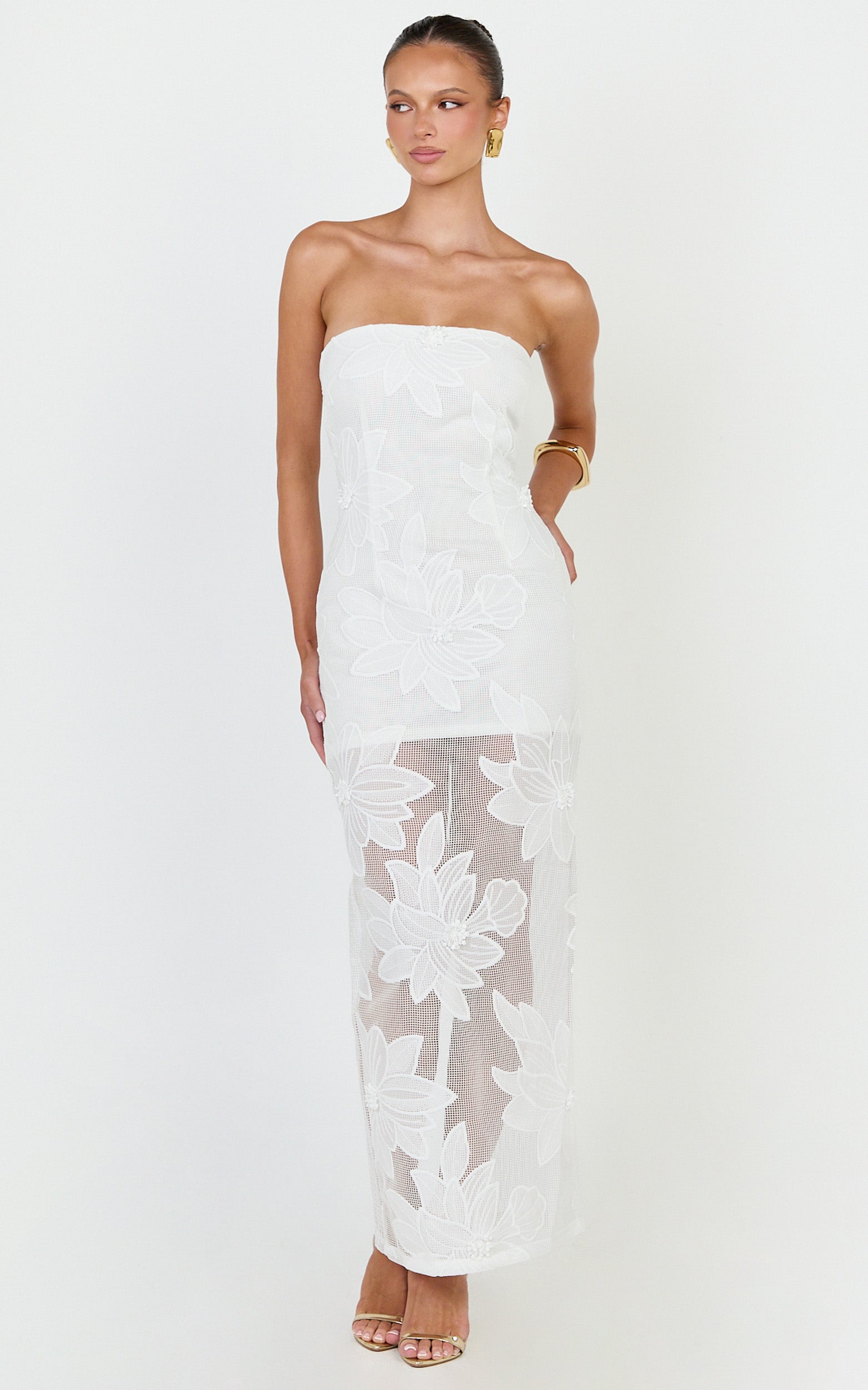 Sienna Midi Dress - Strapless Floral Embroidered Bodycon Dress in White