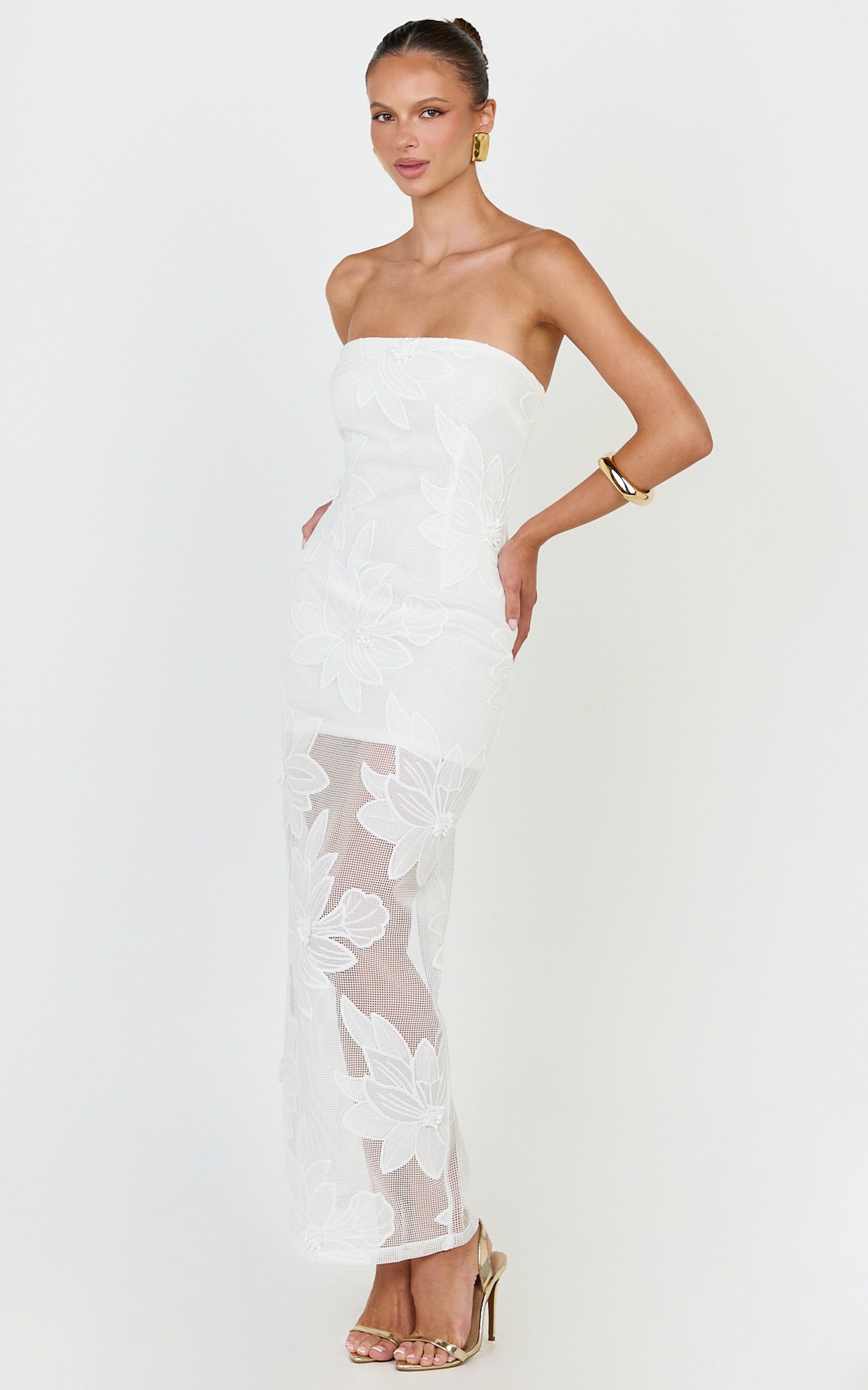 Sienna Midi Dress - Strapless Floral Embroidered Bodycon Dress in White
