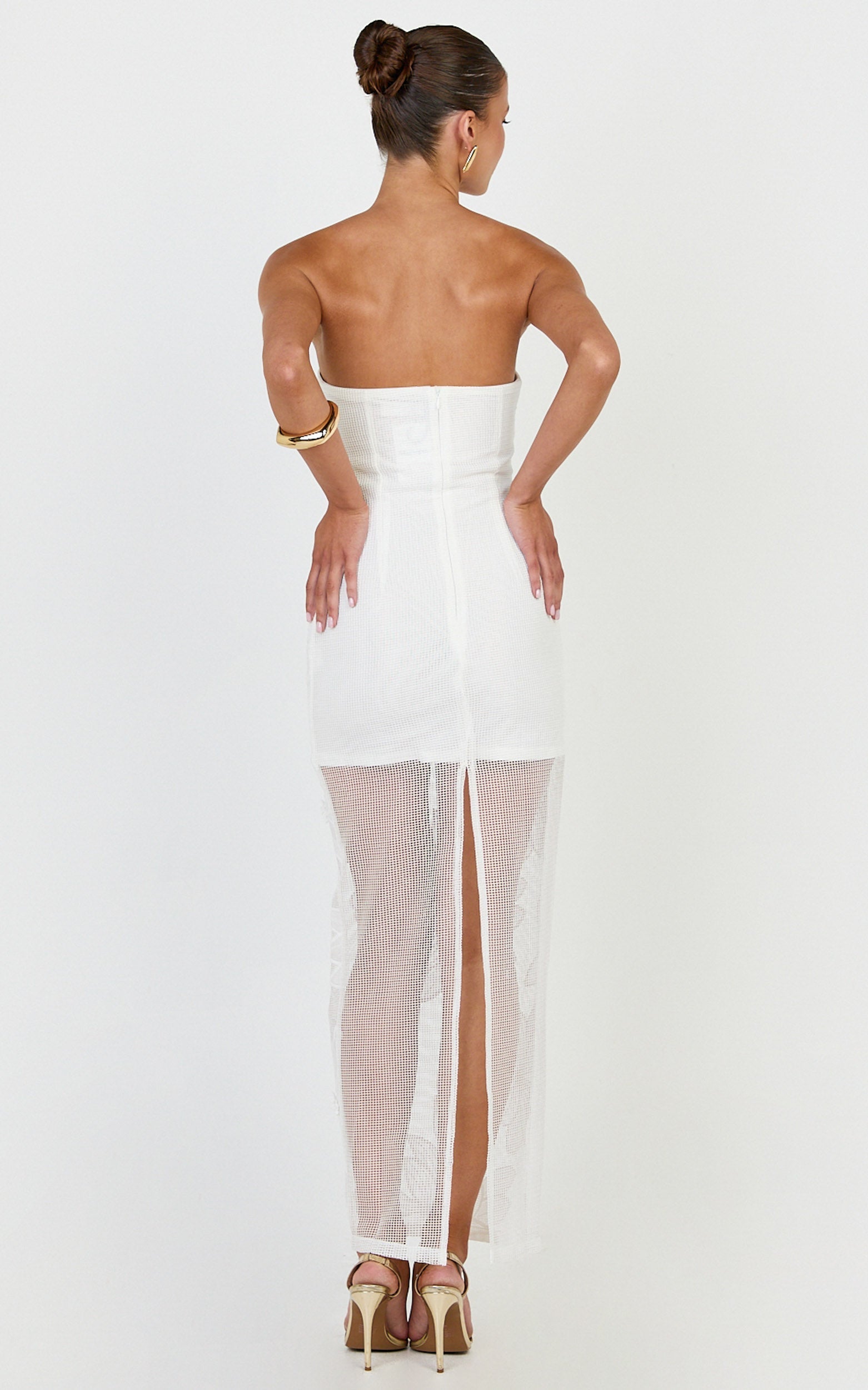 Sienna Midi Dress - Strapless Floral Embroidered Bodycon Dress in White
