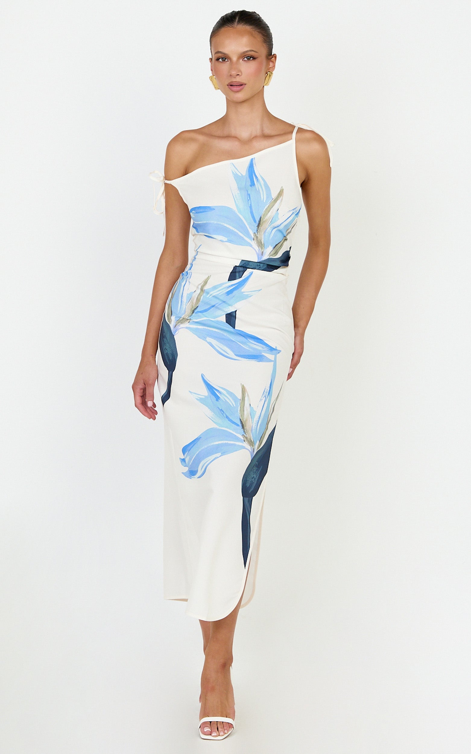 Zali Midi Dress - Off Shoulder Side Split Column Dress in Zali Floral Print