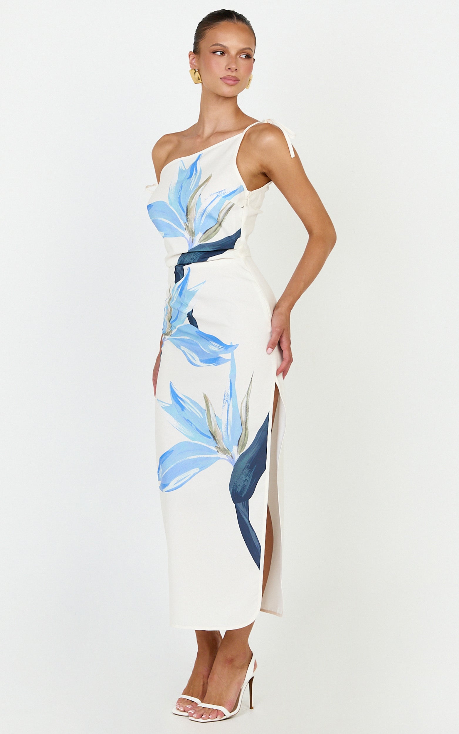 Zali Midi Dress - Off Shoulder Side Split Column Dress in Zali Floral Print