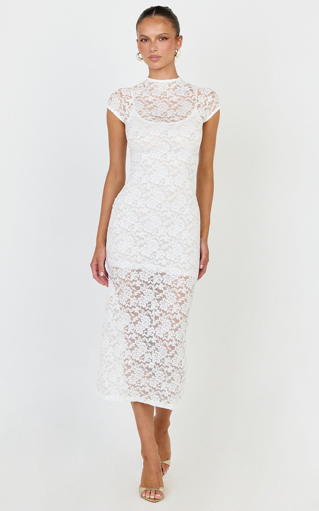 Emma Midi Dress - Lace Cap Sleeve Bodycon Dress in White