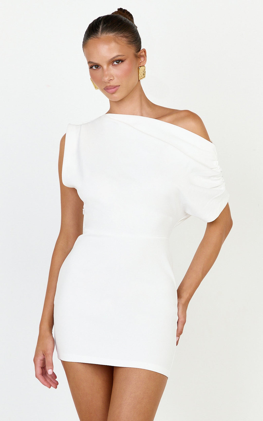Nalfie Mini Dress - Tipped Shoulder Jersey Drape Dress in White