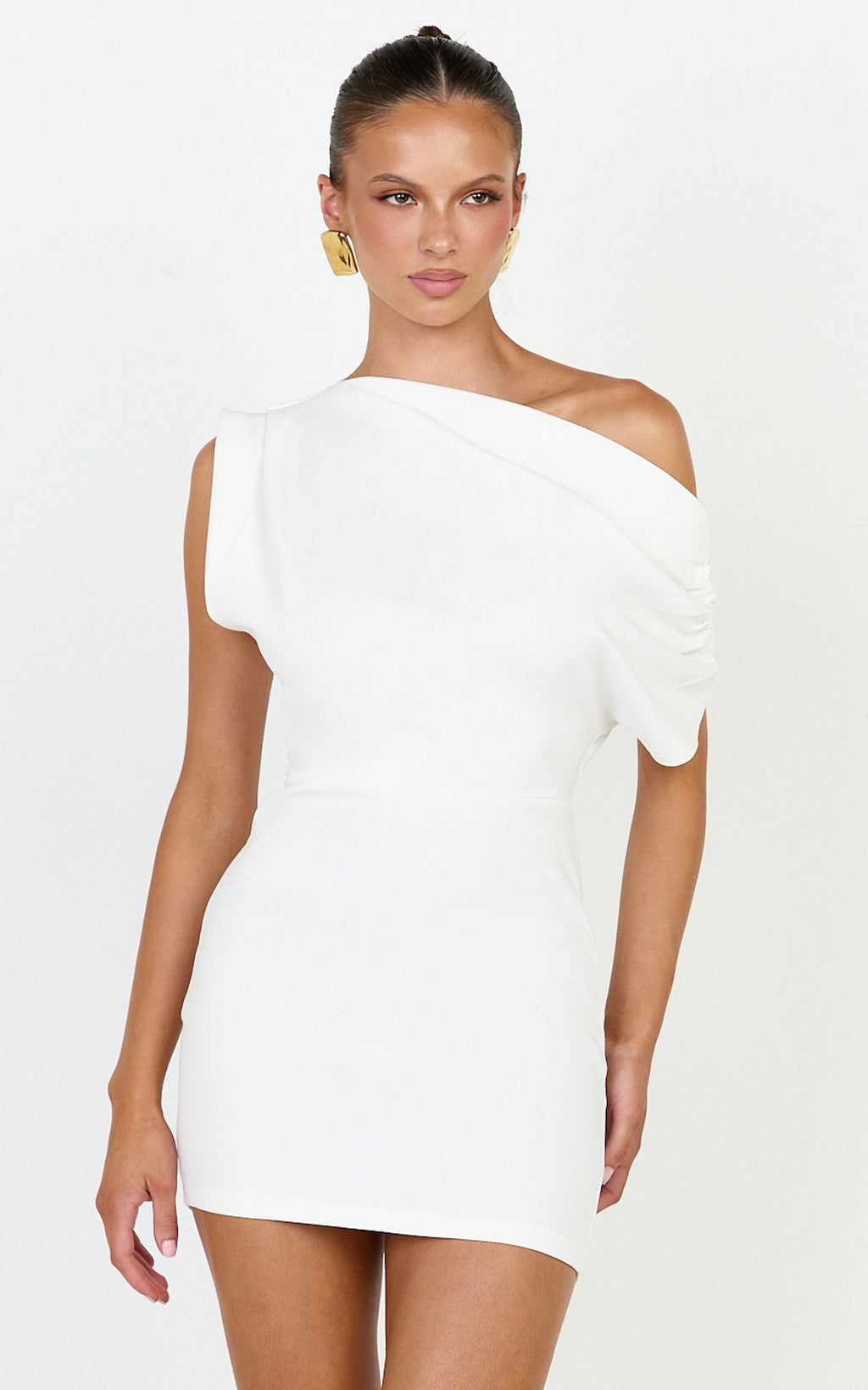 Nalfie Mini Dress - Tipped Shoulder Jersey Drape Dress in White