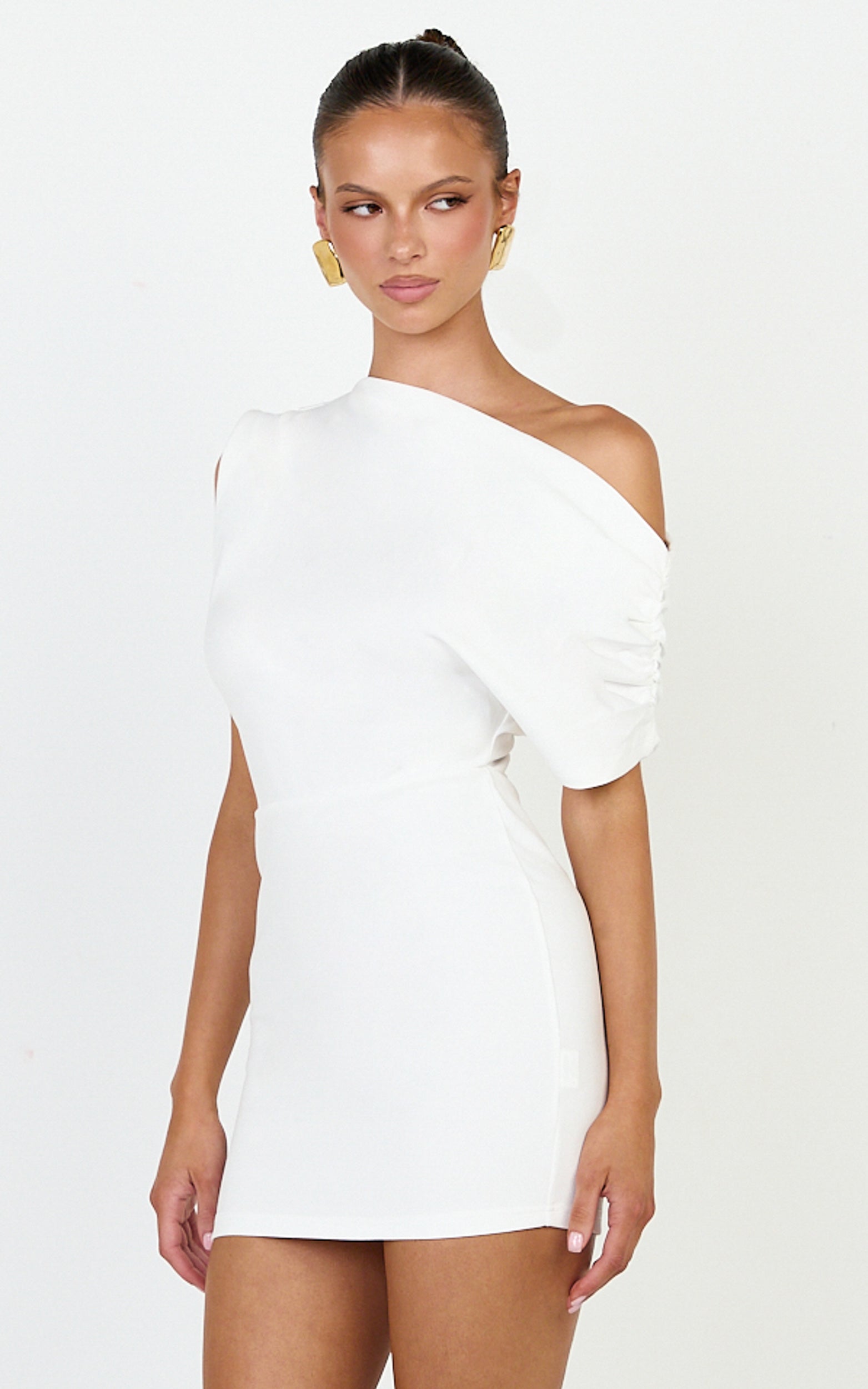 Nalfie Mini Dress - Tipped Shoulder Jersey Drape Dress in White