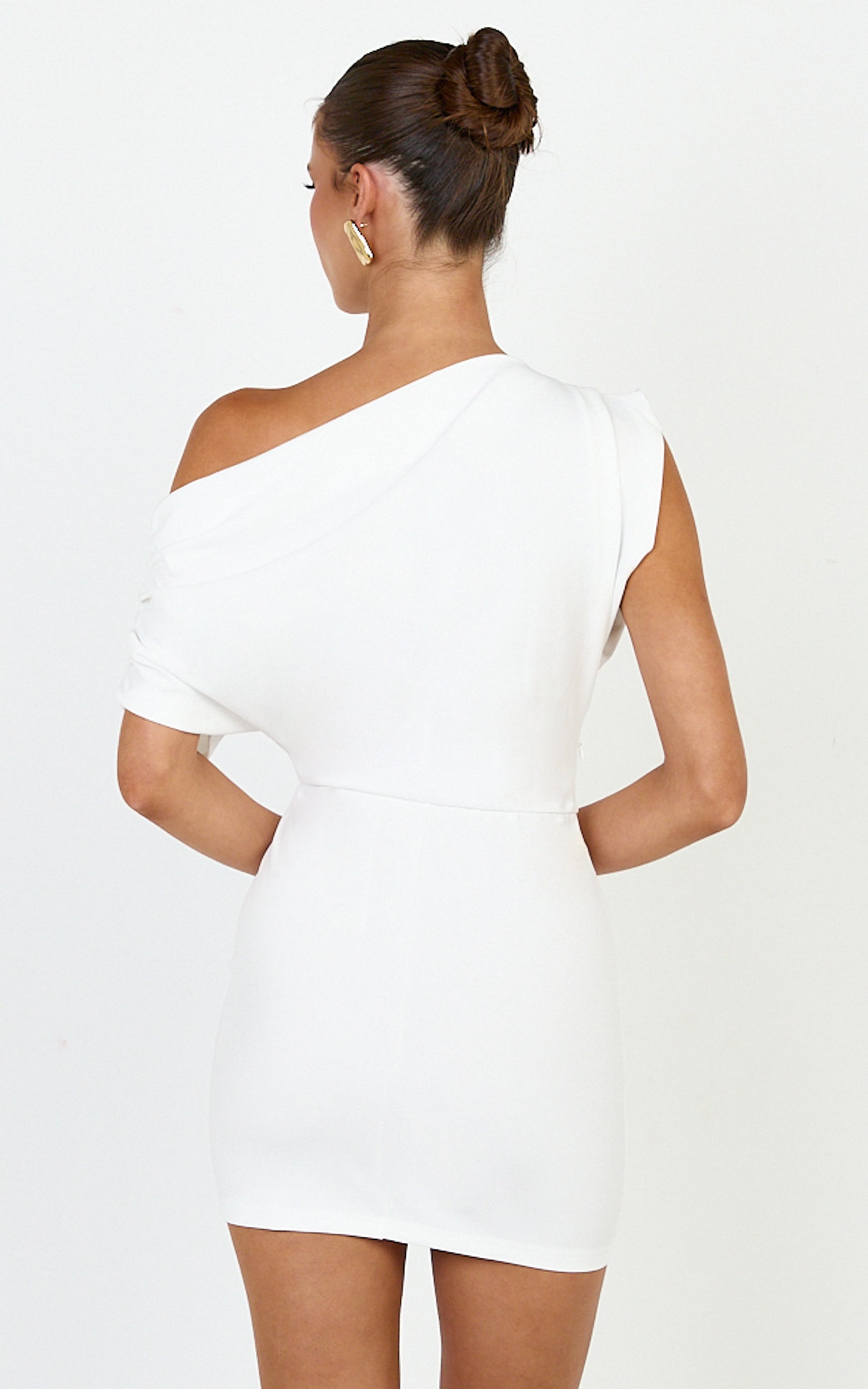 Nalfie Mini Dress - Tipped Shoulder Jersey Drape Dress in White
