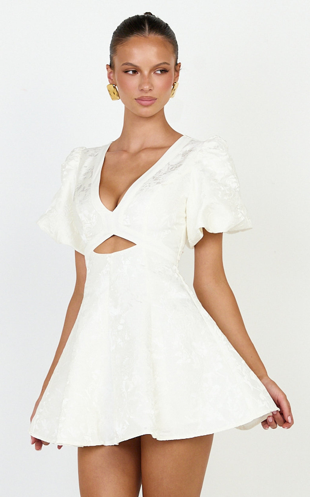 Rosalie Mini Dress - Floral Jacquard V Neck Fit and Flare Dress in White