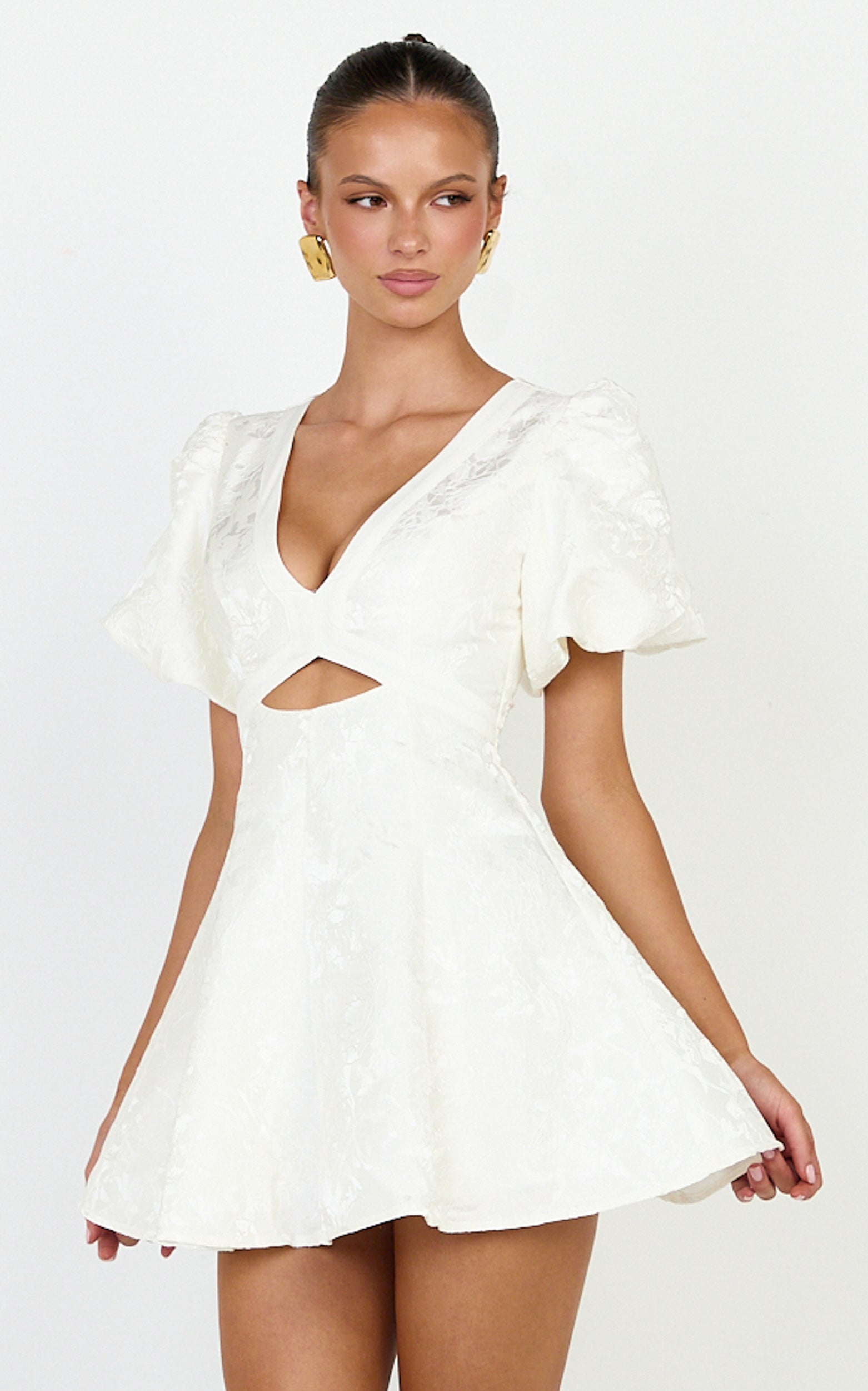 Rosalie Mini Dress - Floral Jacquard V Neck Fit and Flare Dress in White