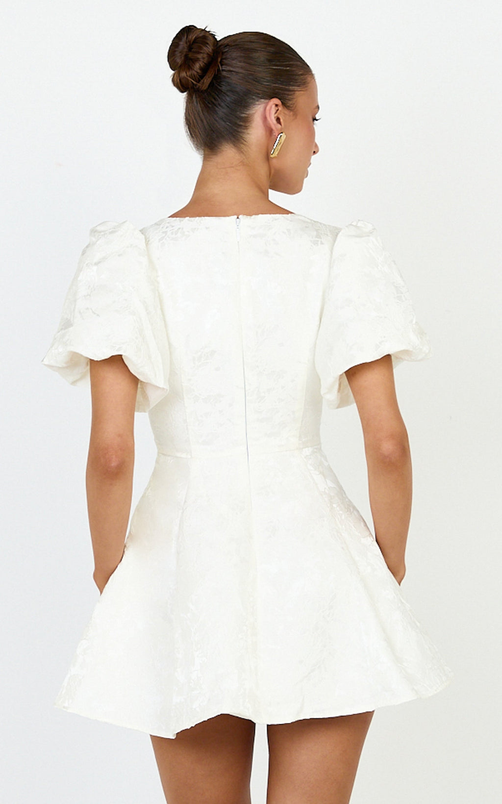 Rosalie Mini Dress - Floral Jacquard V Neck Fit and Flare Dress in White