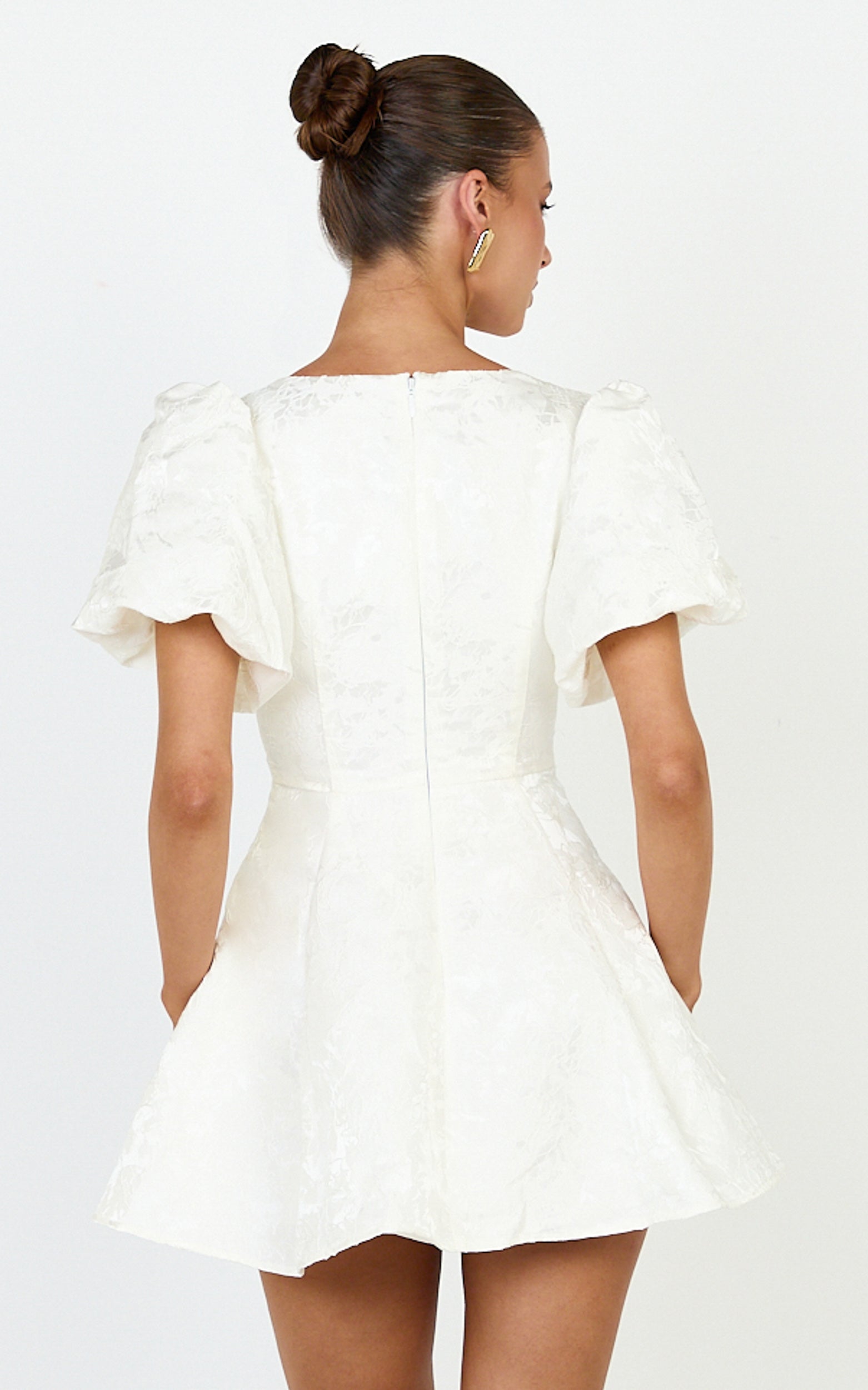 Rosalie Mini Dress - Floral Jacquard V Neck Fit and Flare Dress in White