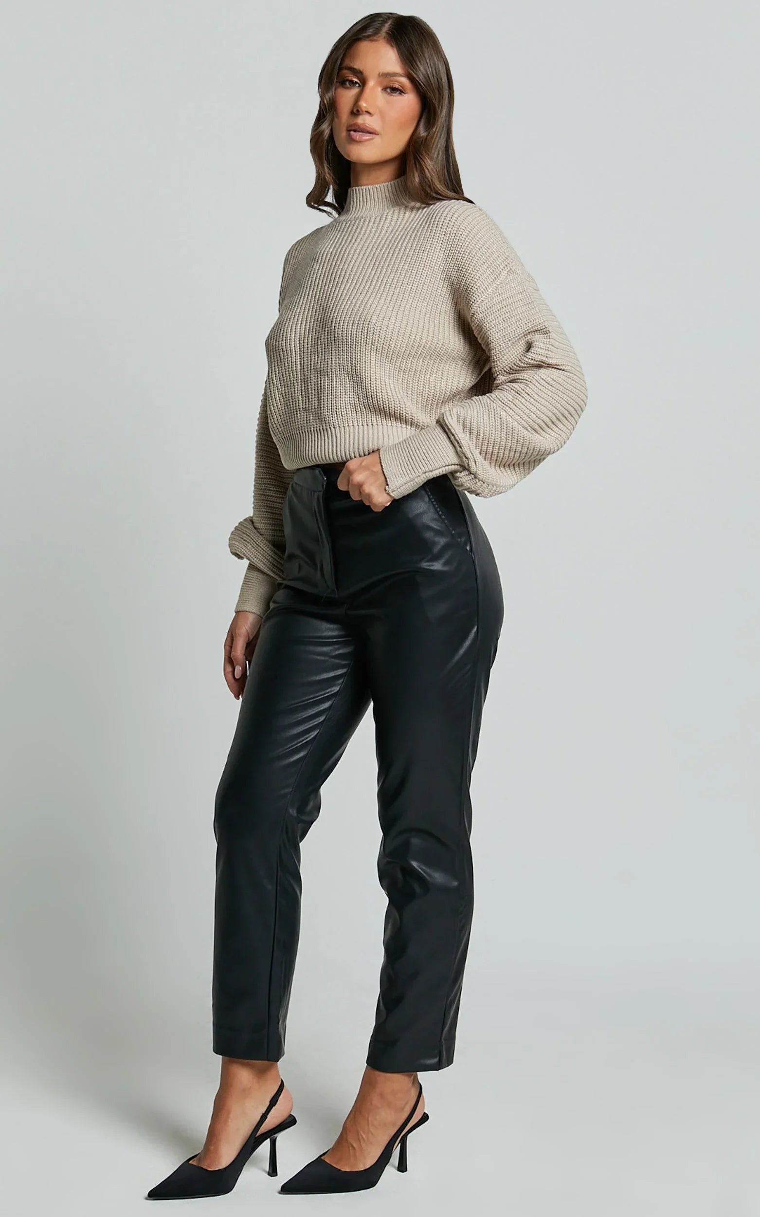 Azelia Pants - Mid Rise Cropped Faux Leather Pants in Black