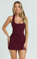 Lucinda Mini Dress - Scoop Neck Ruched Bodycon Dress in Burgundy