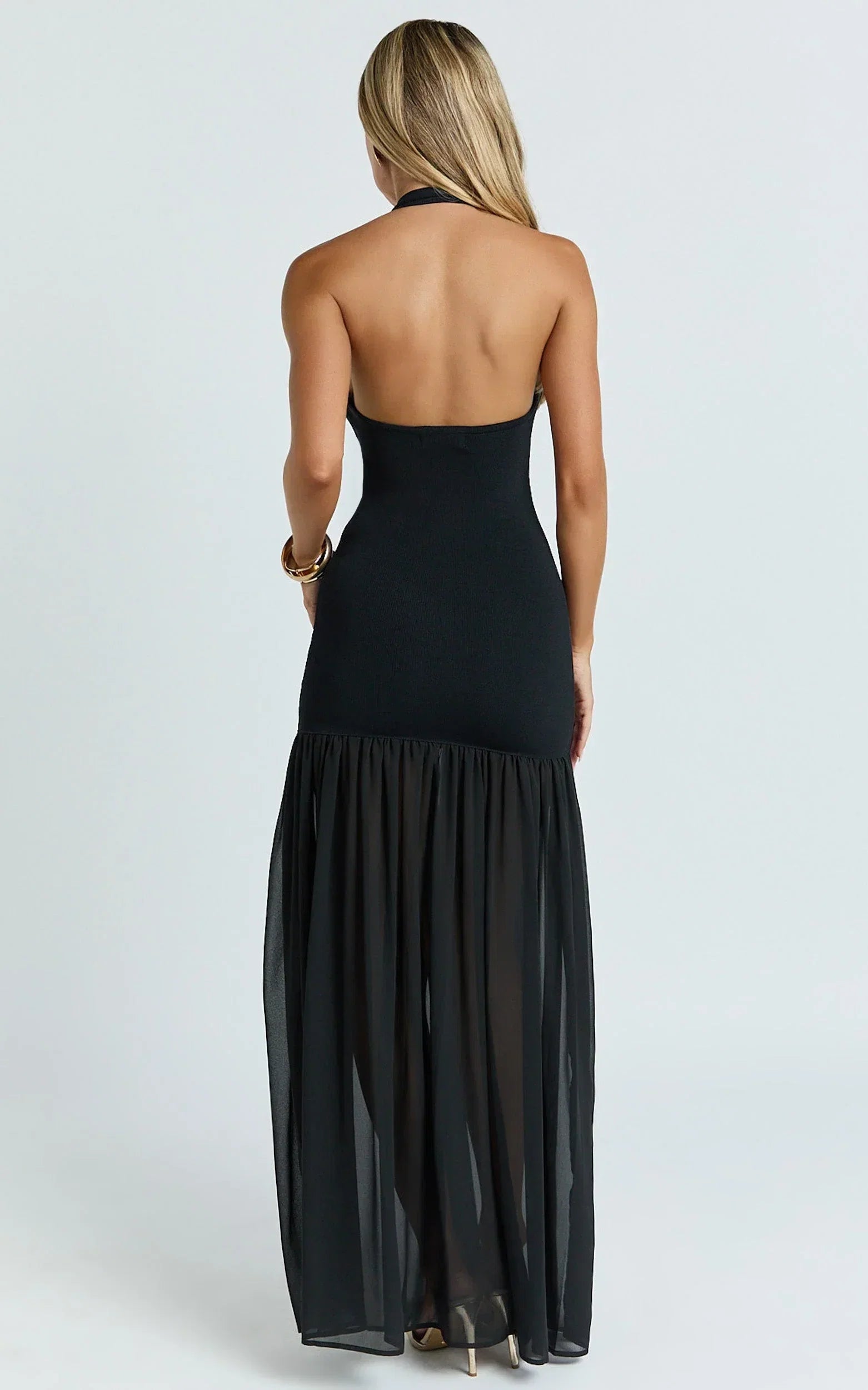 Barbara Maxi Dress - Halter Scoop Neck Contrast Georgette Dress in Black
