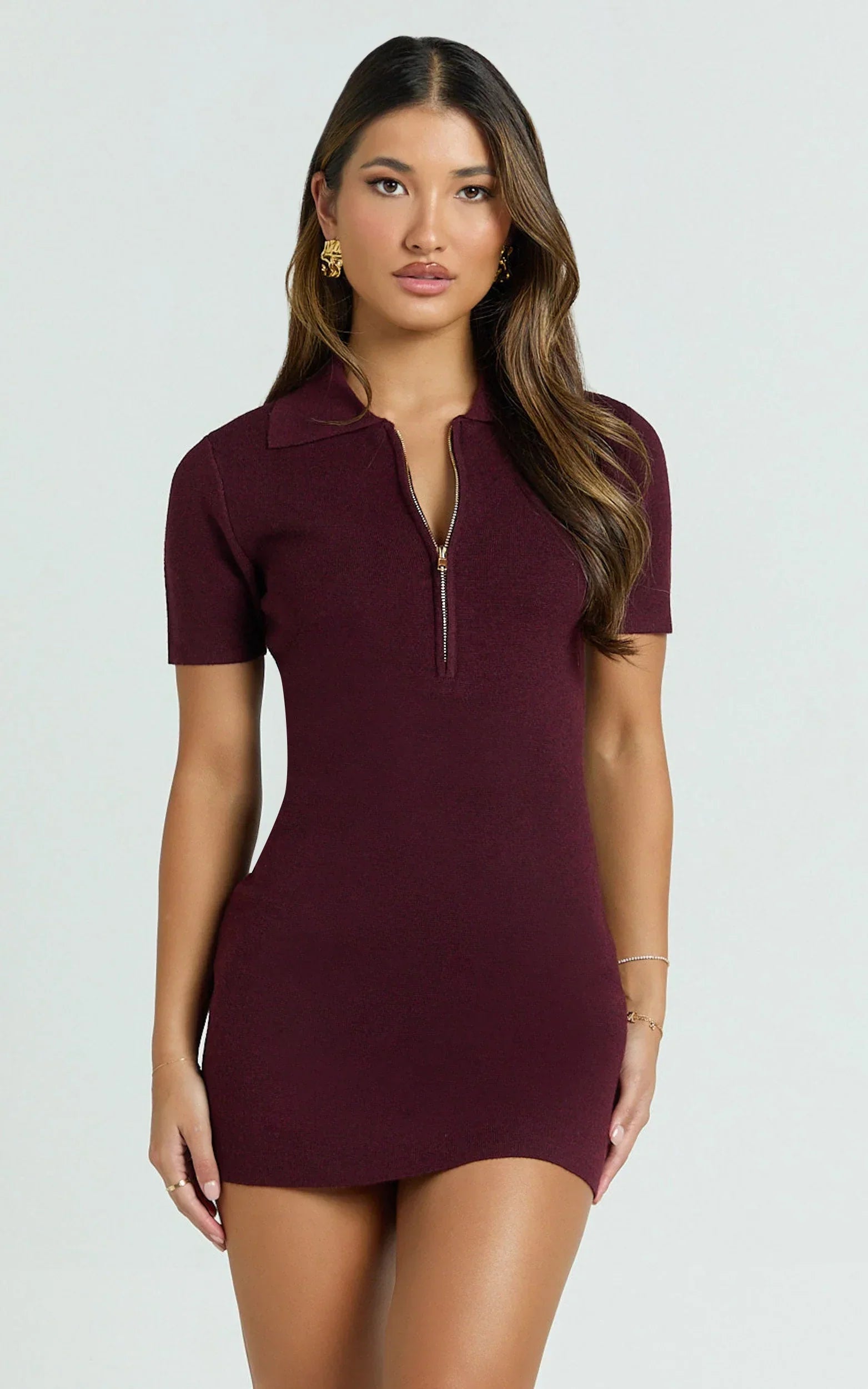 Gabriel Mini Dress - Short Sleeve Polo Knit Mini Dress in Cherry Liqueur