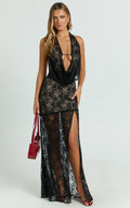 Esmeralda Maxi Dress - Low Cowl Halter Lace Fit And Flare Dress in Black