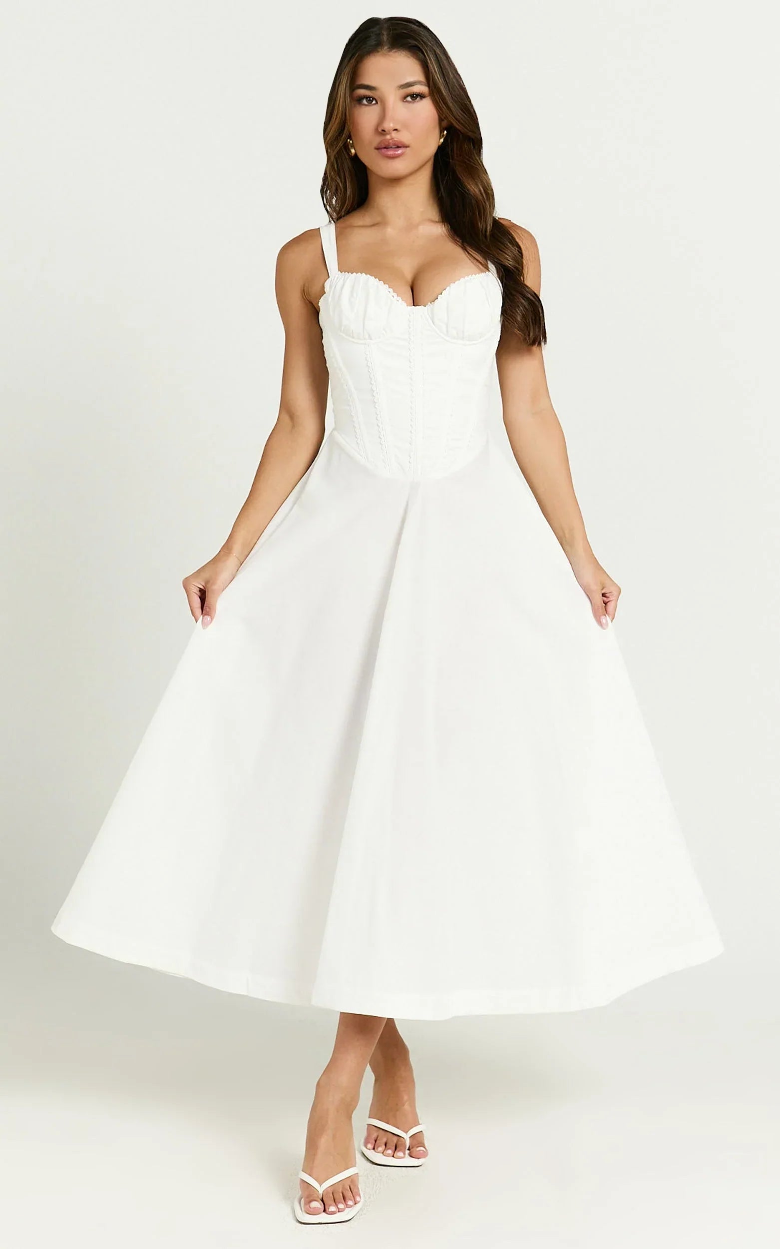 Jonas Midi Dress - Ruched Corset Lace Trim Dress in Ivory