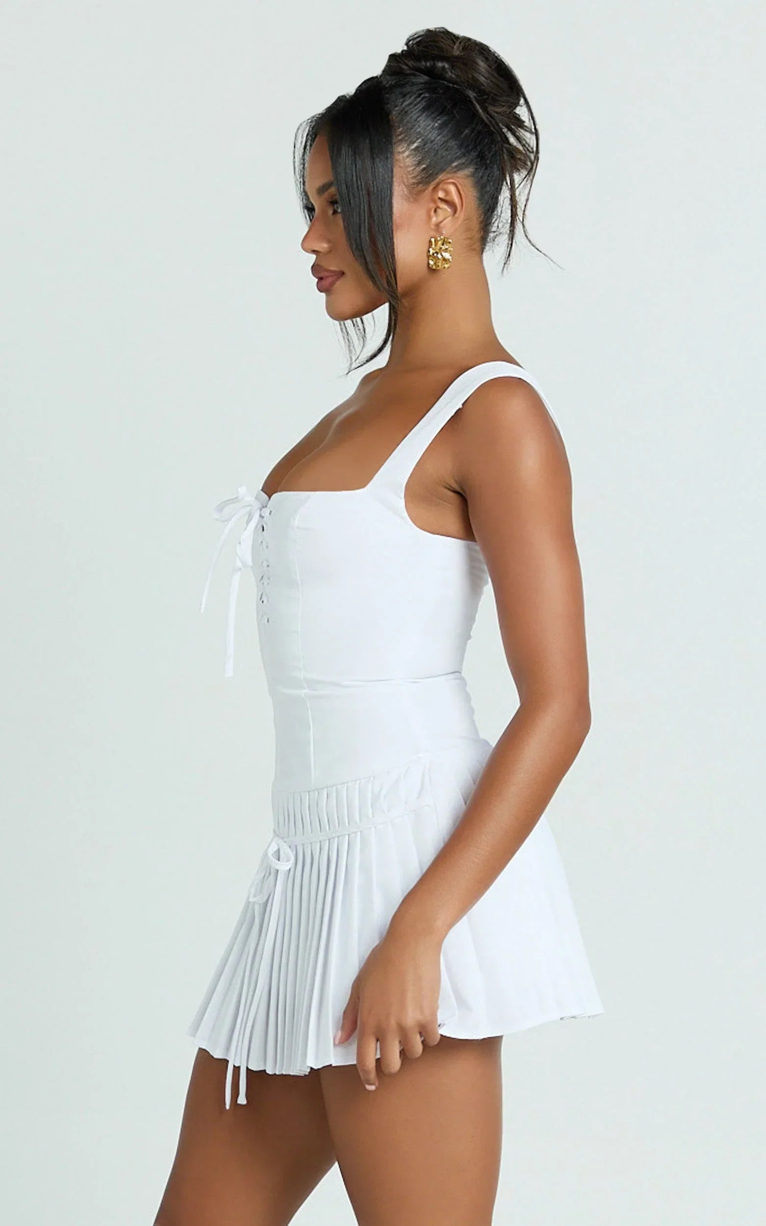 Fraida Mini Dress - Lace Front Dropped Waist Pleated Dress in White