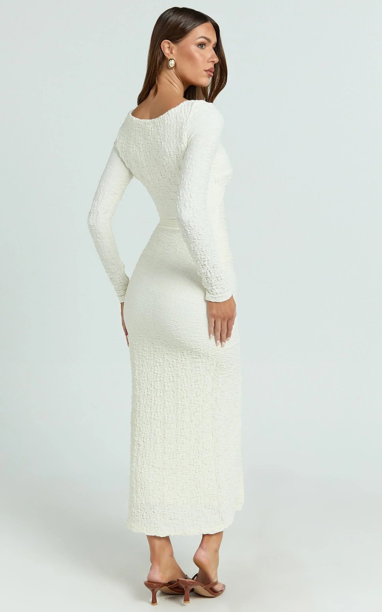 Delaney Midi Dress - Long Sleeve Twist Front Bodycon Dress in Cream