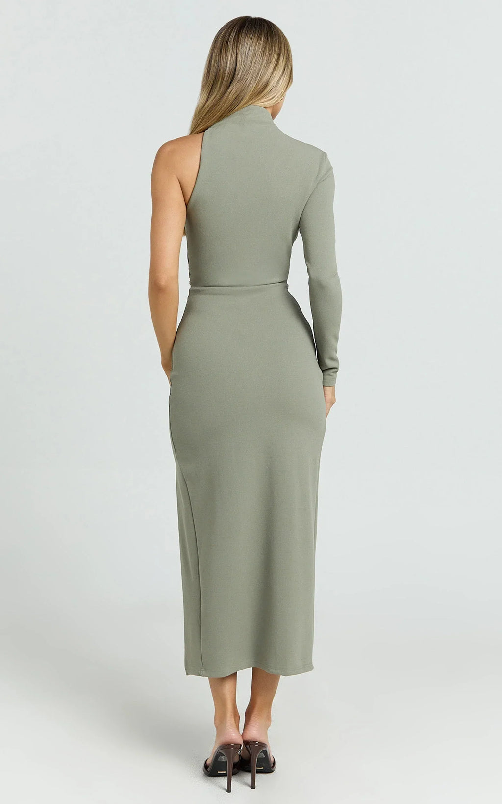 Olsen Midi Dress - Asymmetric One Sleeve Draped Leg Split Dress in Khaki