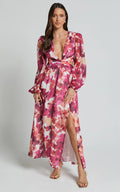 Emilee Midi Dress - Side Cut Out Long Sleeve Plunge Dress in Purple Floral