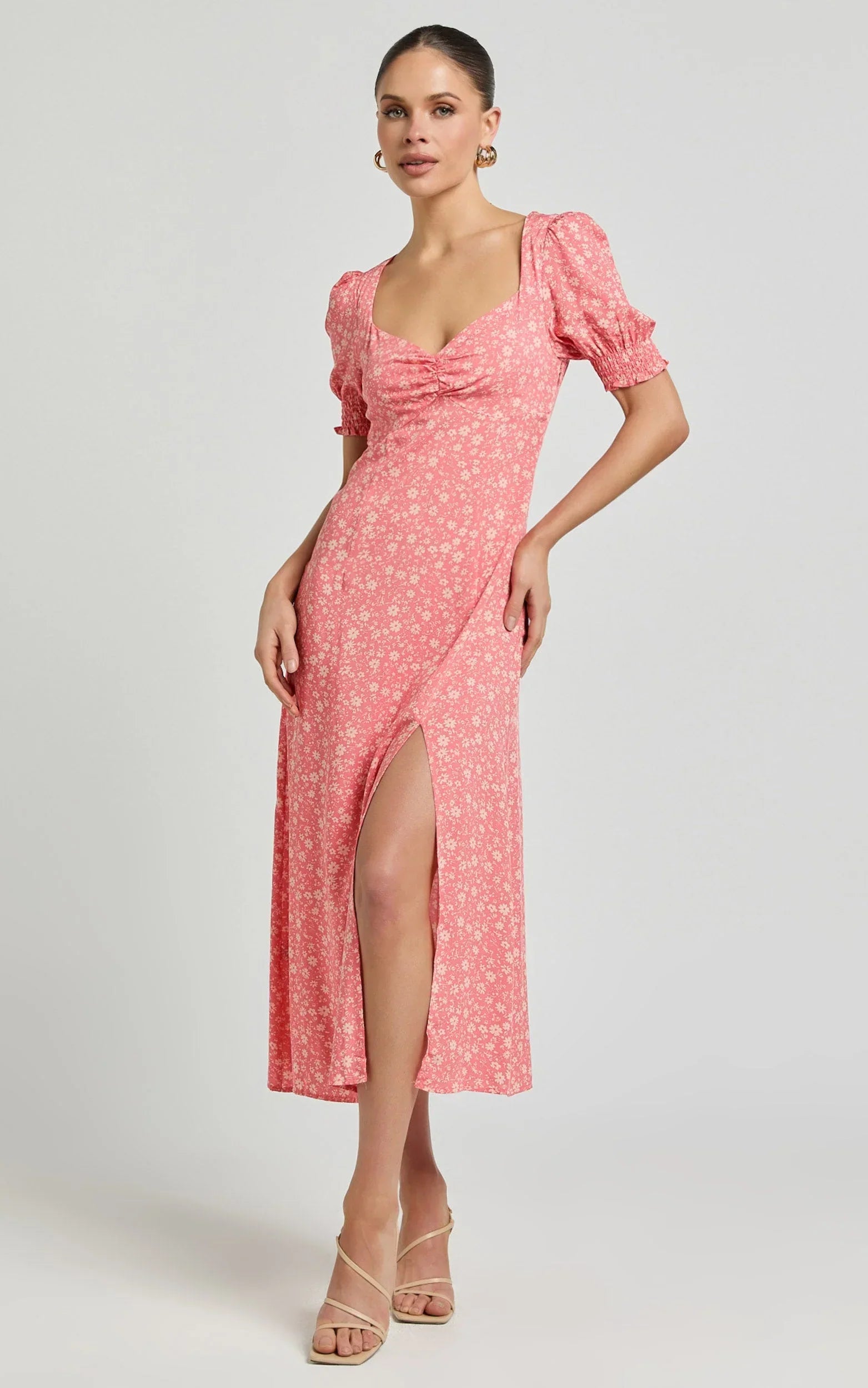Marcel Midi Dress - Sweetheart Puff Sleeve Thigh Split Dress in Coral
