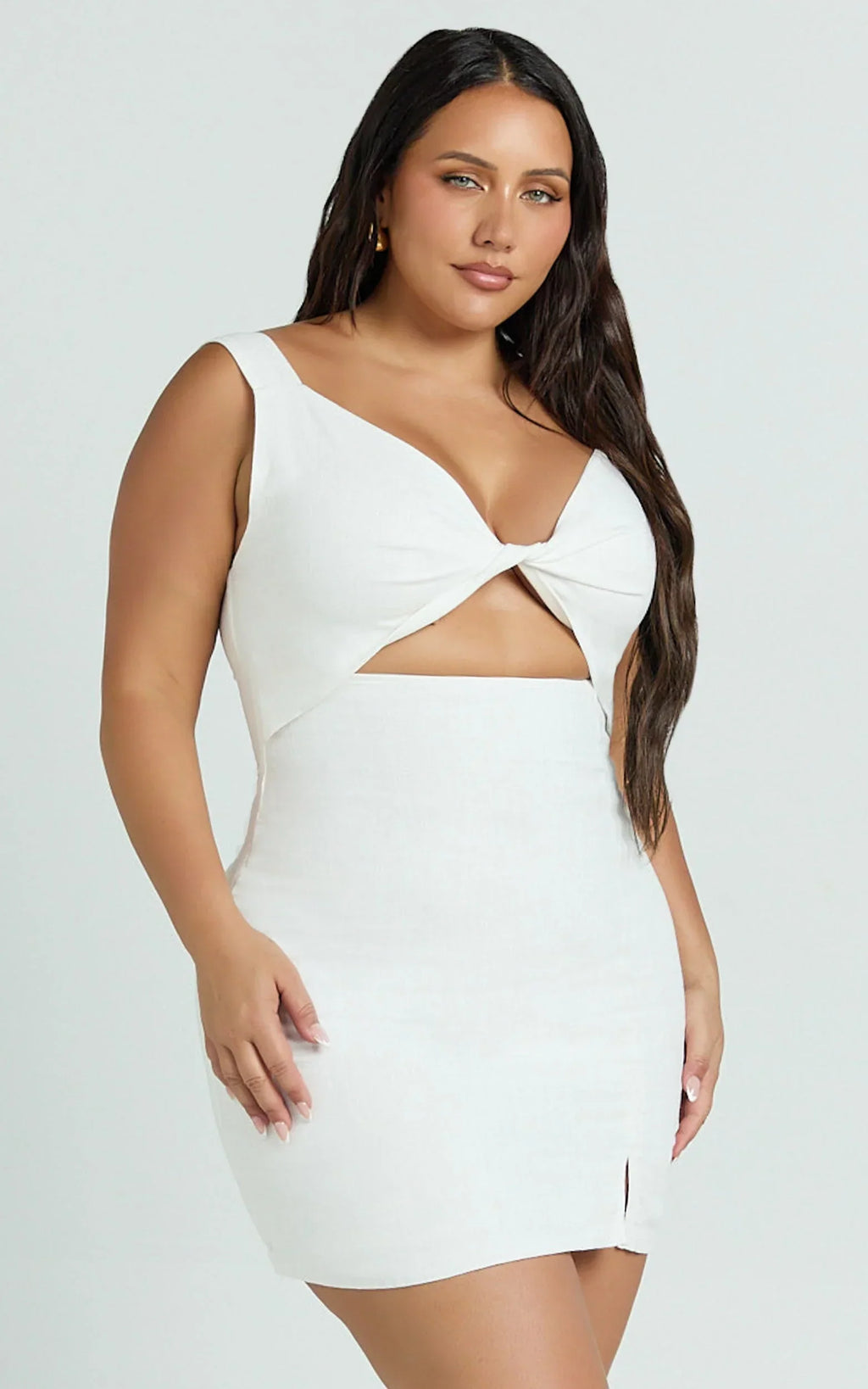 Finnley Mini Dress - Linen Twist Front Cut Out Dress in White