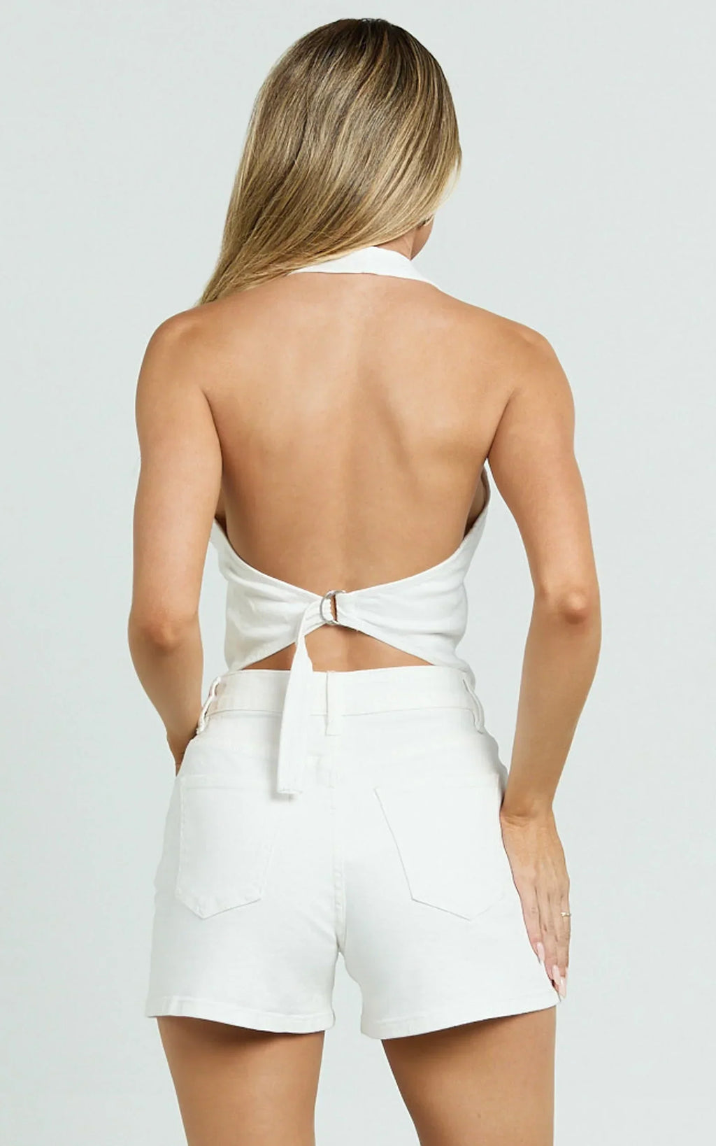 Erin Top - Halter Neck Tie Back Denim Vest Top in White