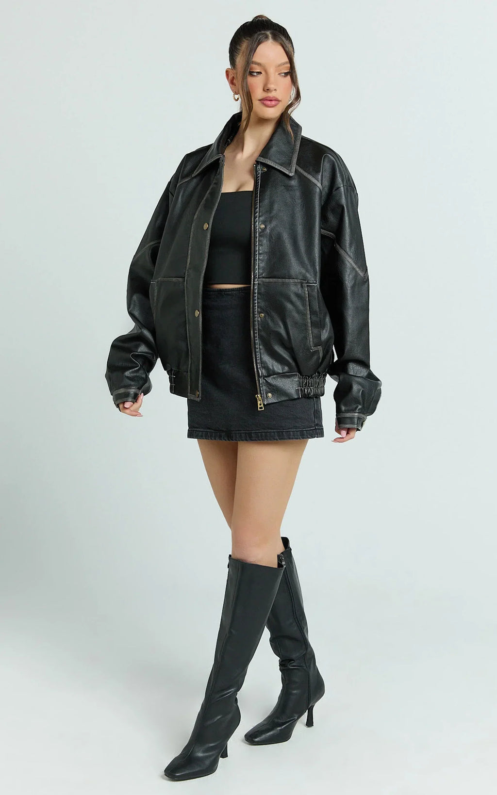 Gail Jacket - Faux Leather Bomber Jacket in Black