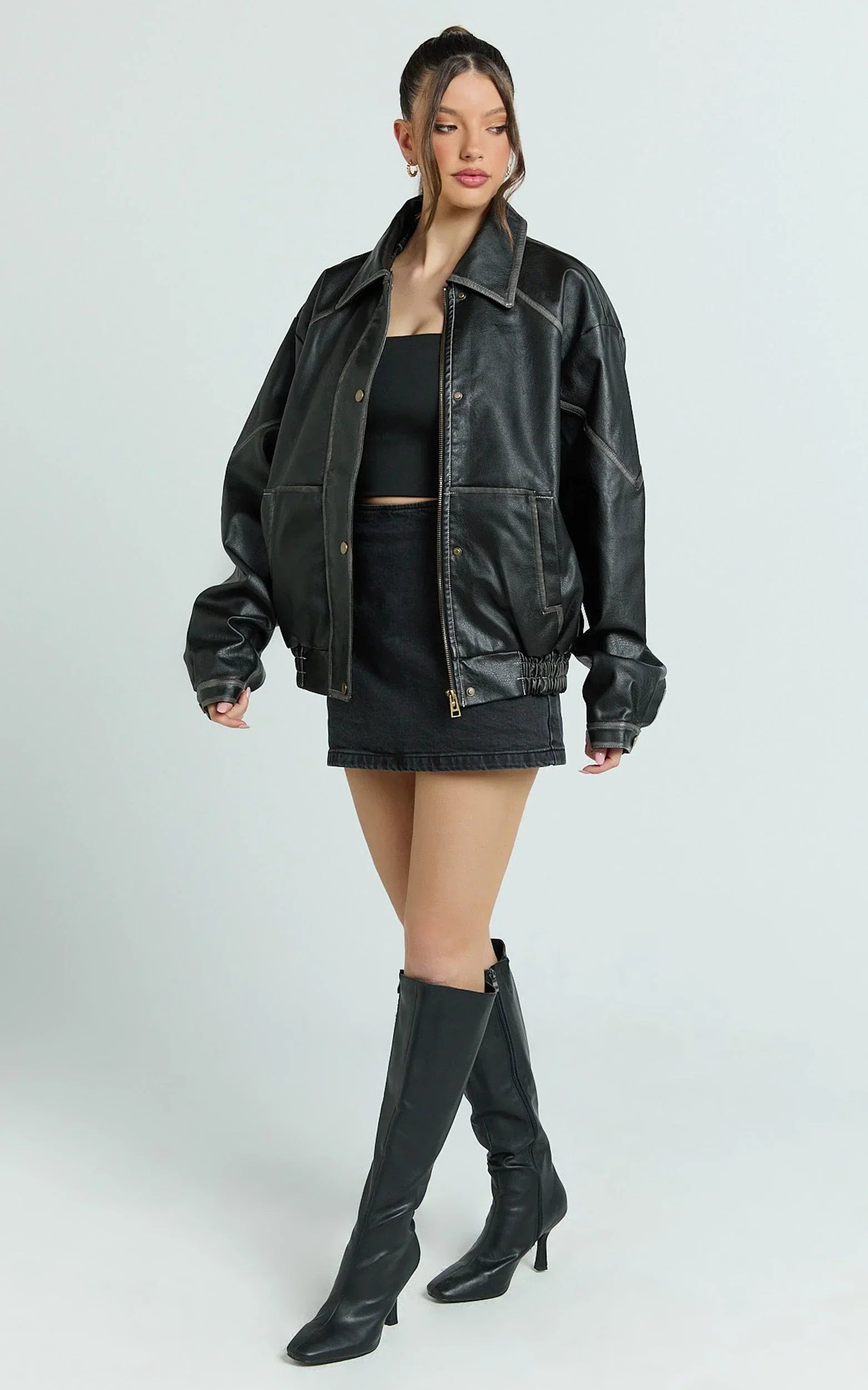 Gail Jacket - Faux Leather Bomber Jacket in Black