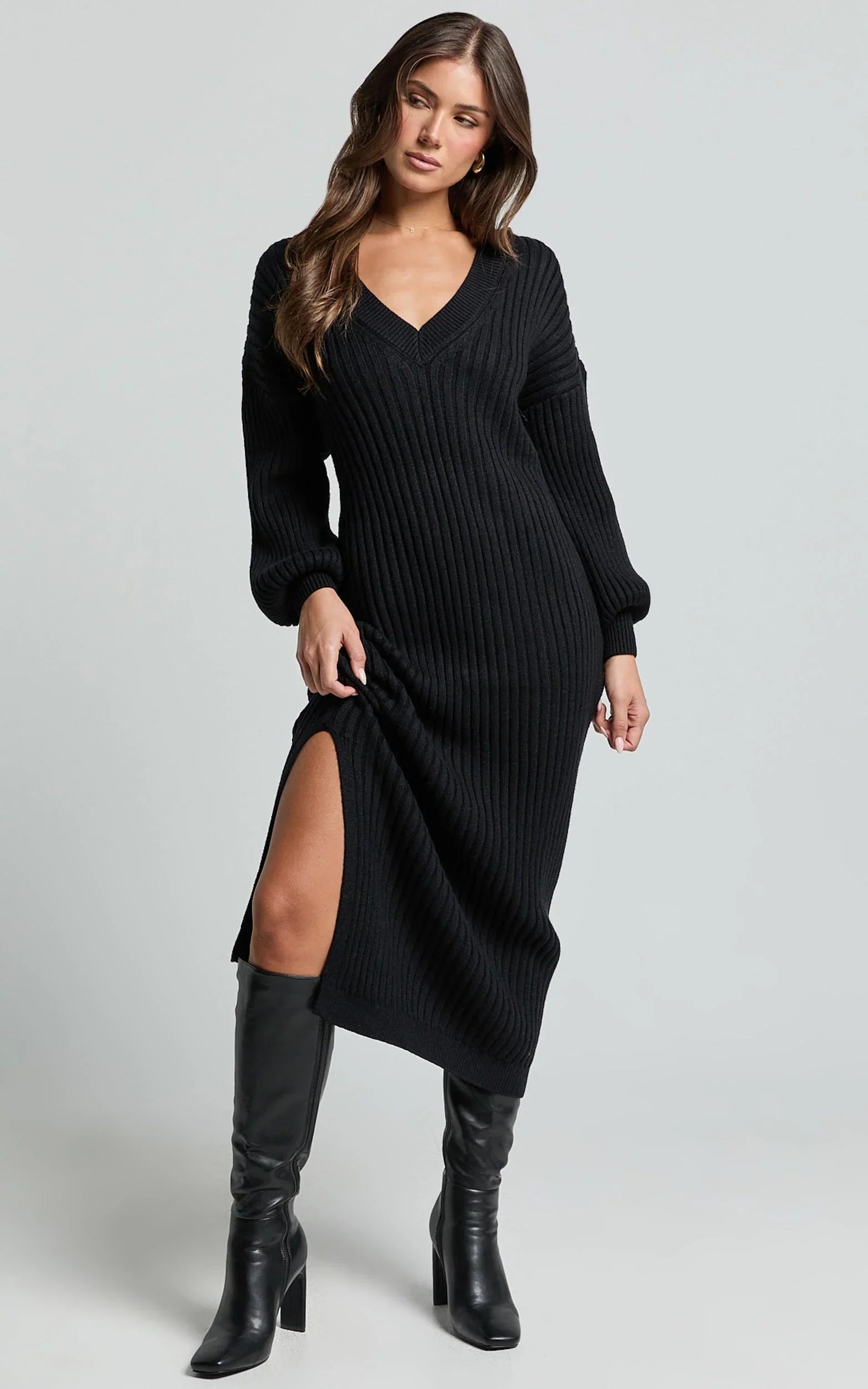 Kartia Midi Dress - V Neck Knit Dress in Black
