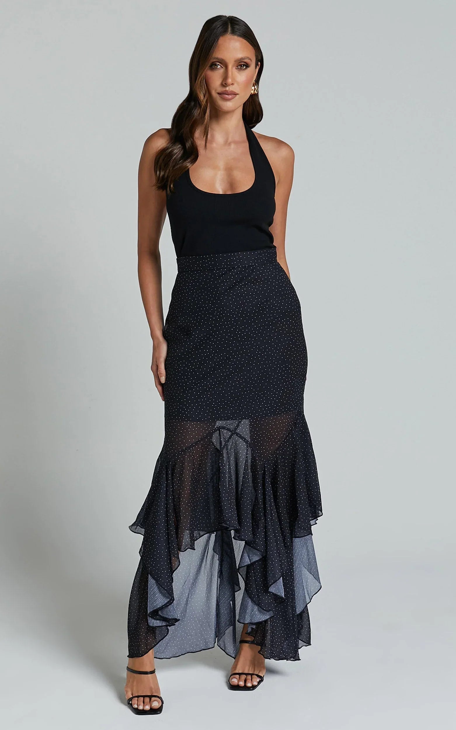 Artemisia Maxi Skirt - Frill Detail Sheer High Low Skirt in Black Polka