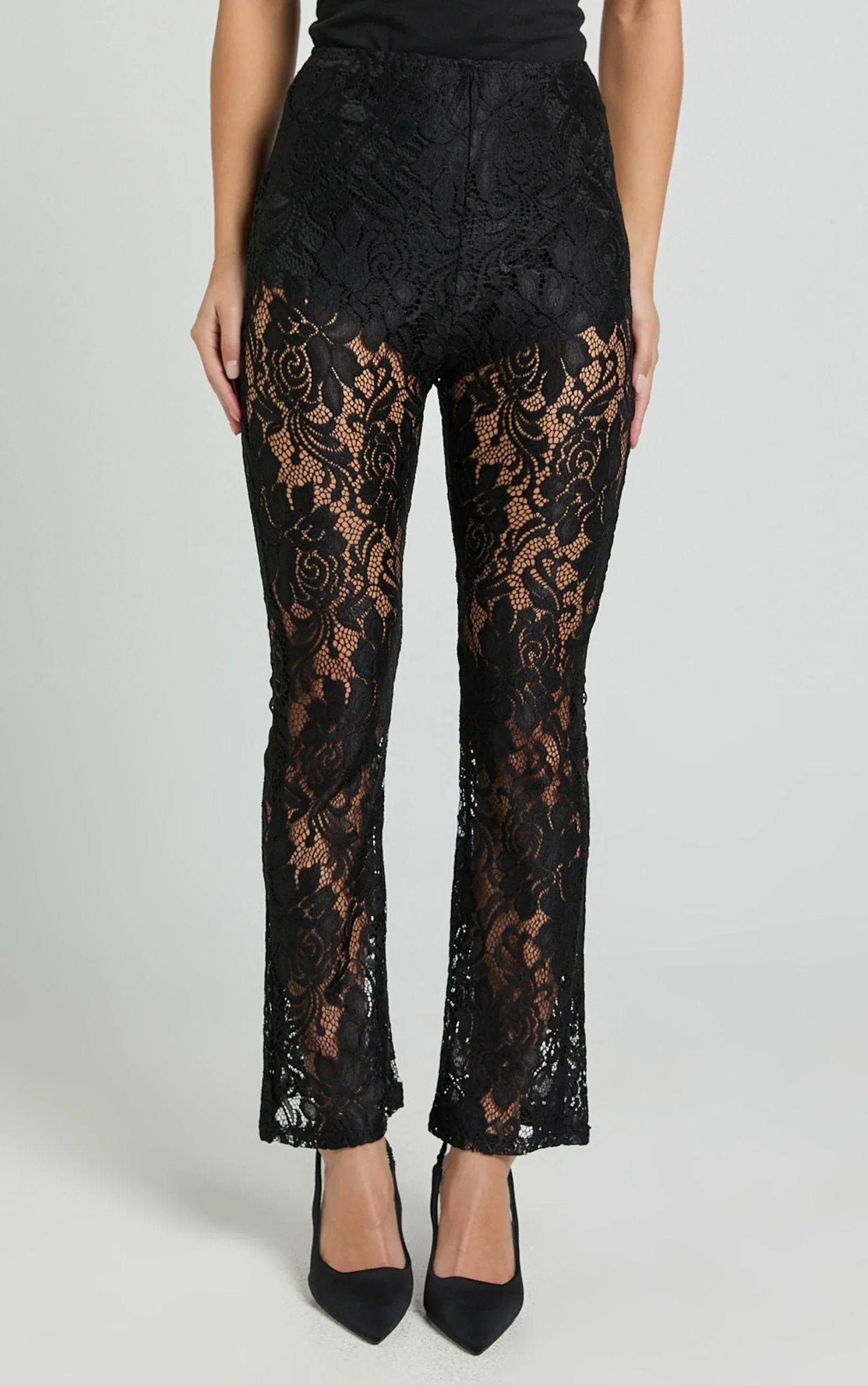 Jaclyn Pants - Mid Waist Lace Straight Leg Pants in Black
