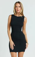 Anita Mini Dress - High Neck Ribbed Dress in Black