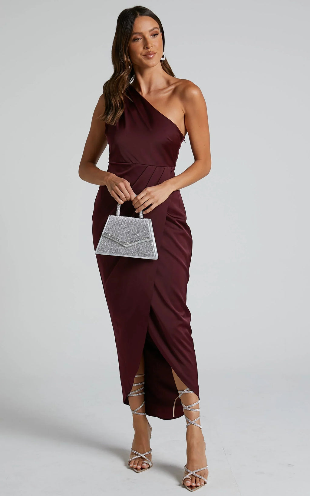 Felt So Happy Midi Dress - One Shoulder Drape Dress in Wine