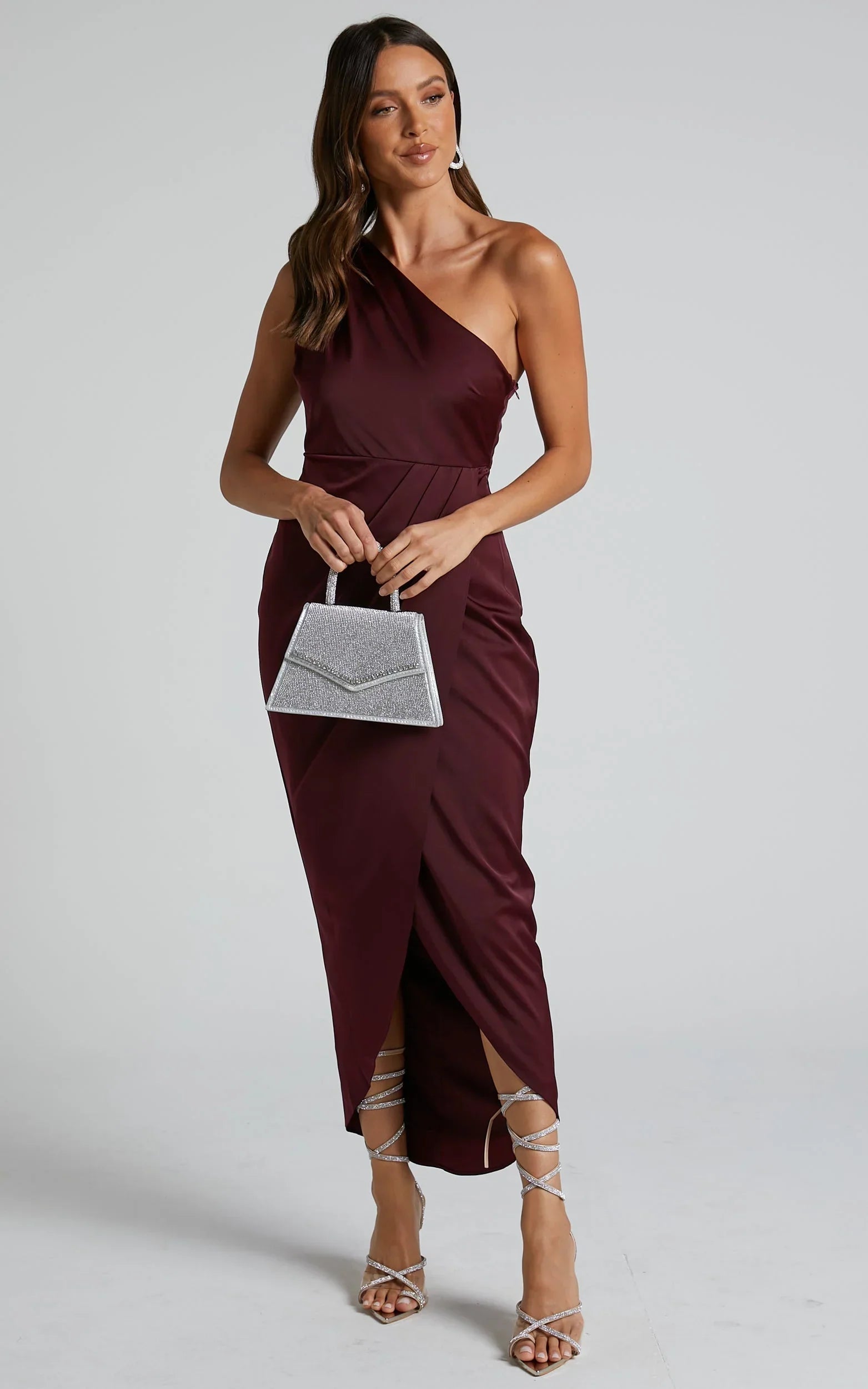Felt So Happy Midi Dress - One Shoulder Drape Dress in Wine