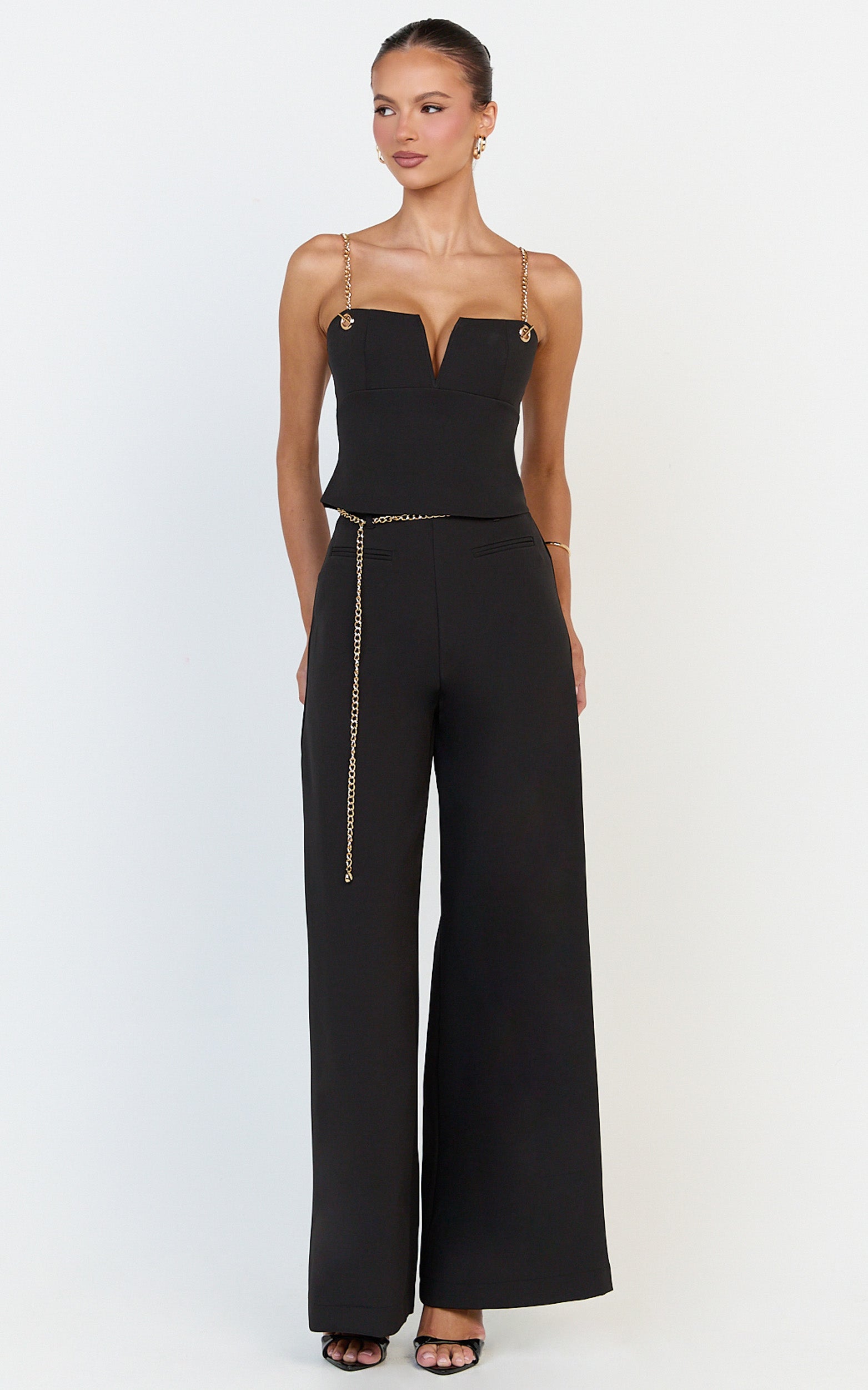 Miren Pants - High Waist Wide Leg Pants With Removable Gold Chain Belt in Black