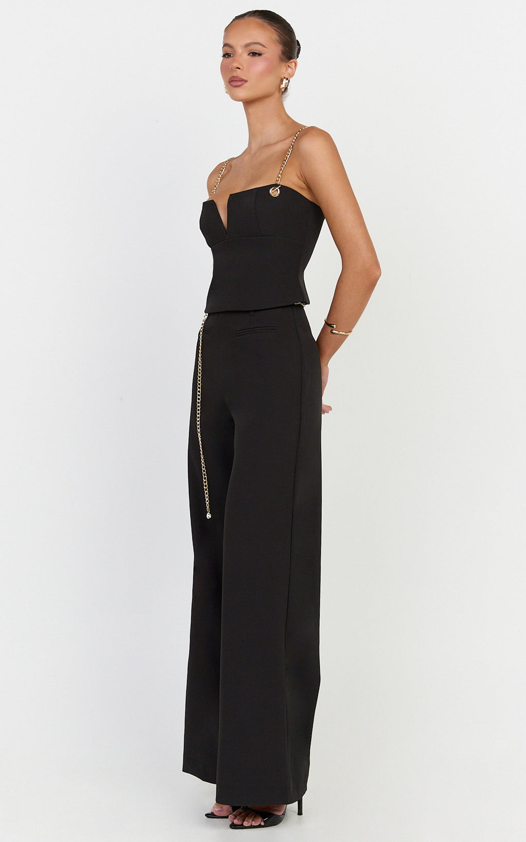 Miren Pants - High Waist Wide Leg Pants With Removable Gold Chain Belt in Black
