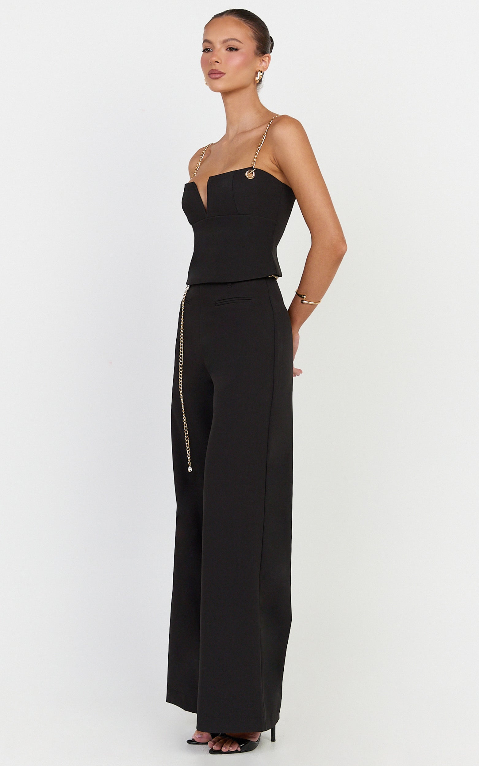 Miren Pants - High Waist Wide Leg Pants With Removable Gold Chain Belt in Black