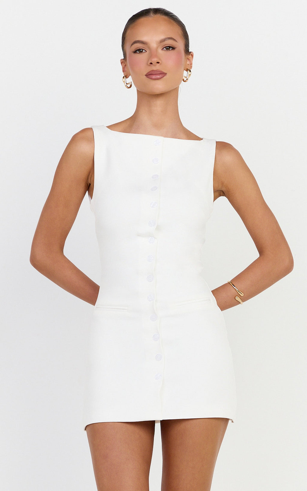 Adela Mini Dress - Mock Button Thru Boat Neck Dress in White