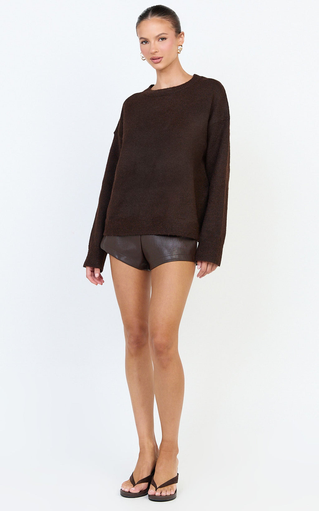 Amanda Jumper - Crew Neck Long Sleeve Knit Sweater in Chocolate