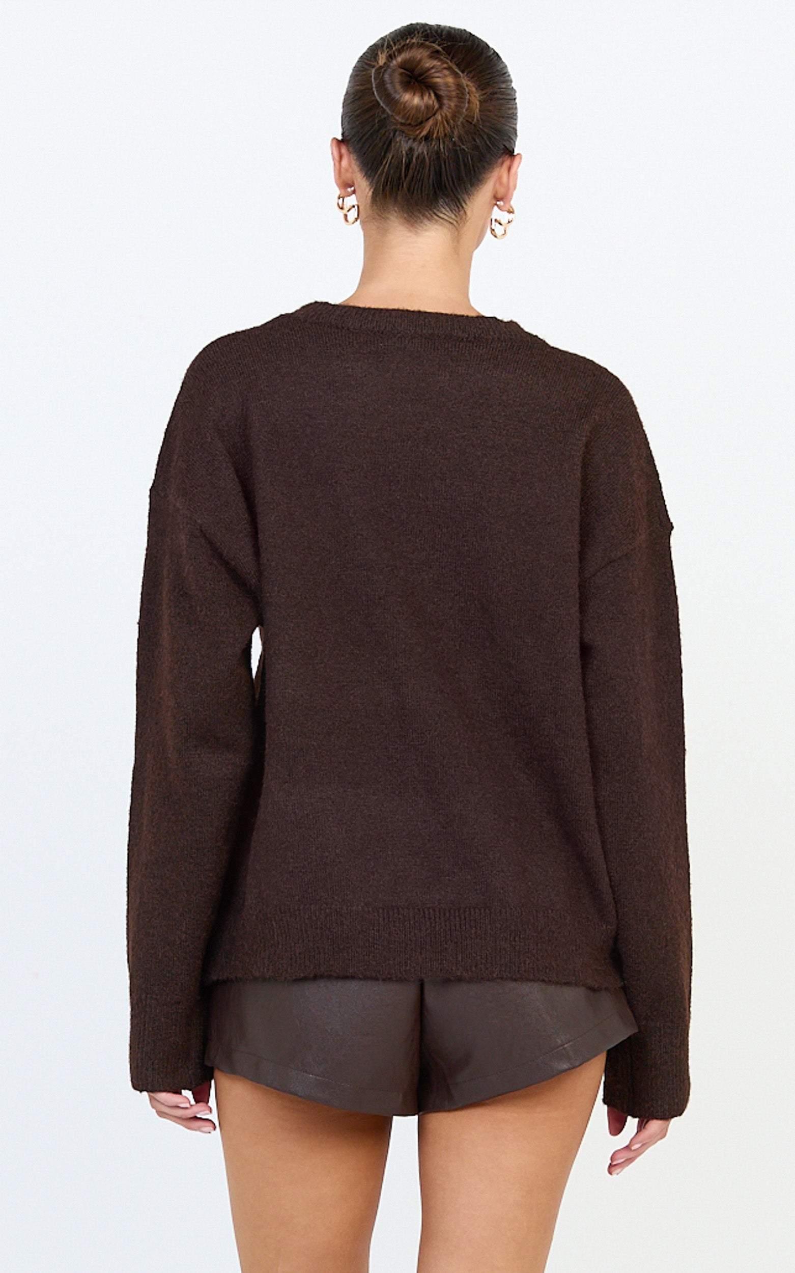 Amanda Jumper - Crew Neck Long Sleeve Knit Sweater in Chocolate