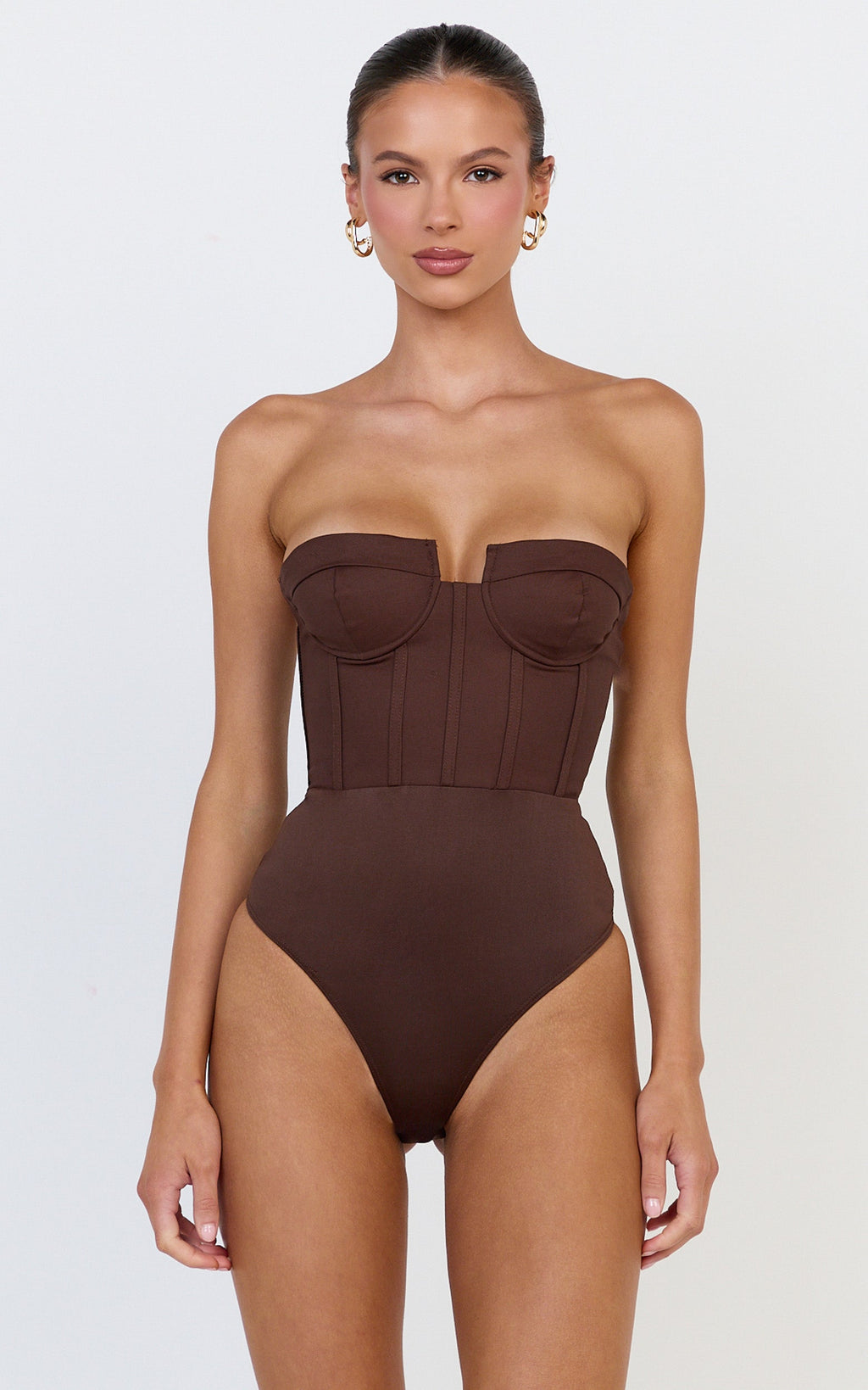 Brigitte Bodysuit - Sweetheart Paneled Bodysuit in Chocolate