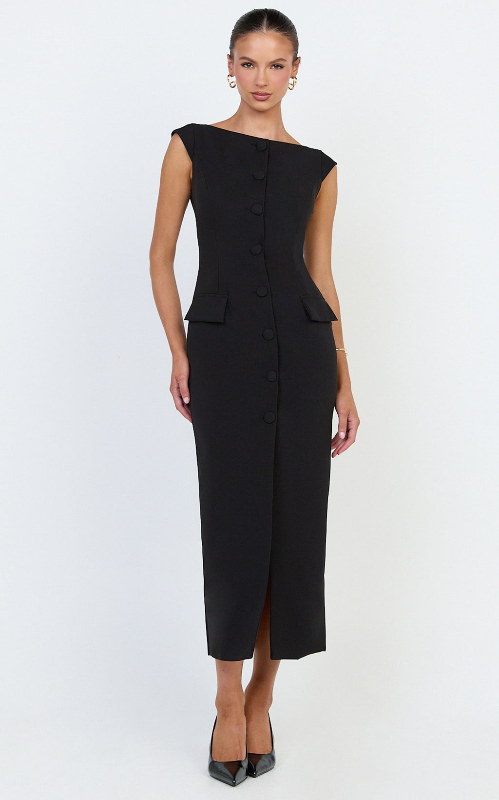 Calista Midi Dress - Boat Neck Button Down Pencil Dress in Black