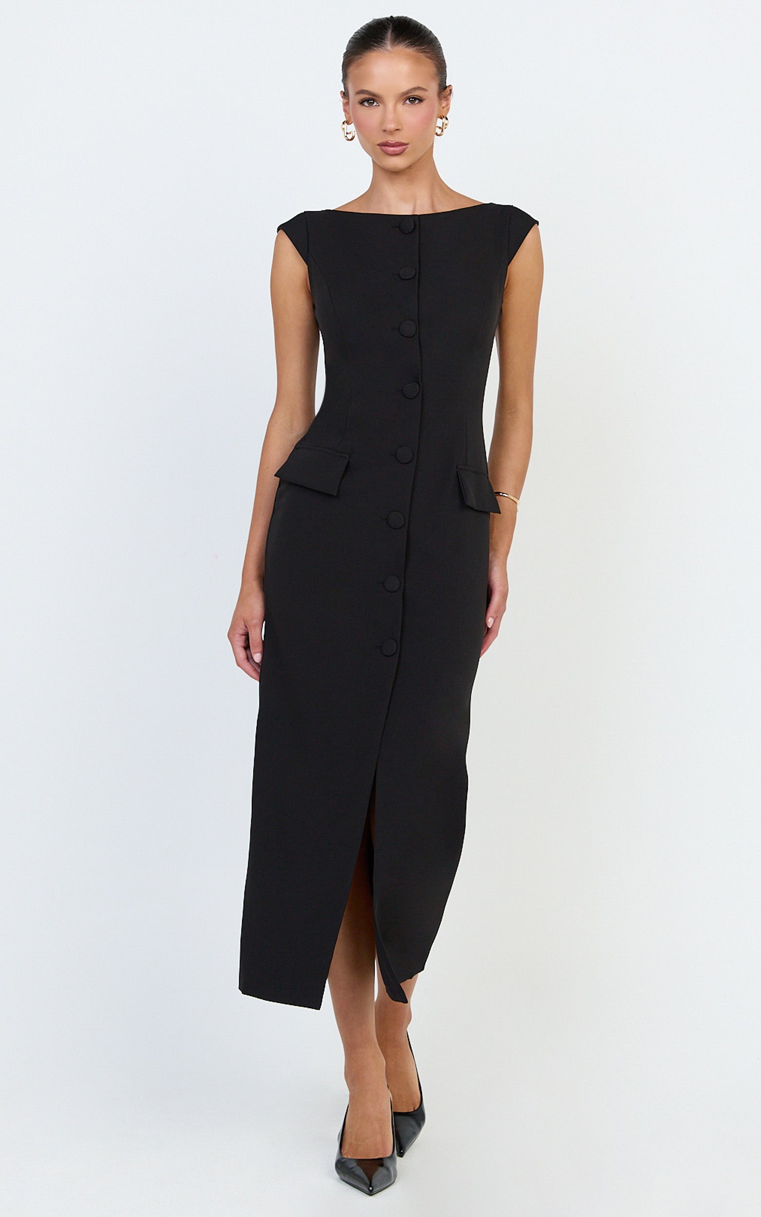 Calista Midi Dress - Boat Neck Button Down Pencil Dress in Black
