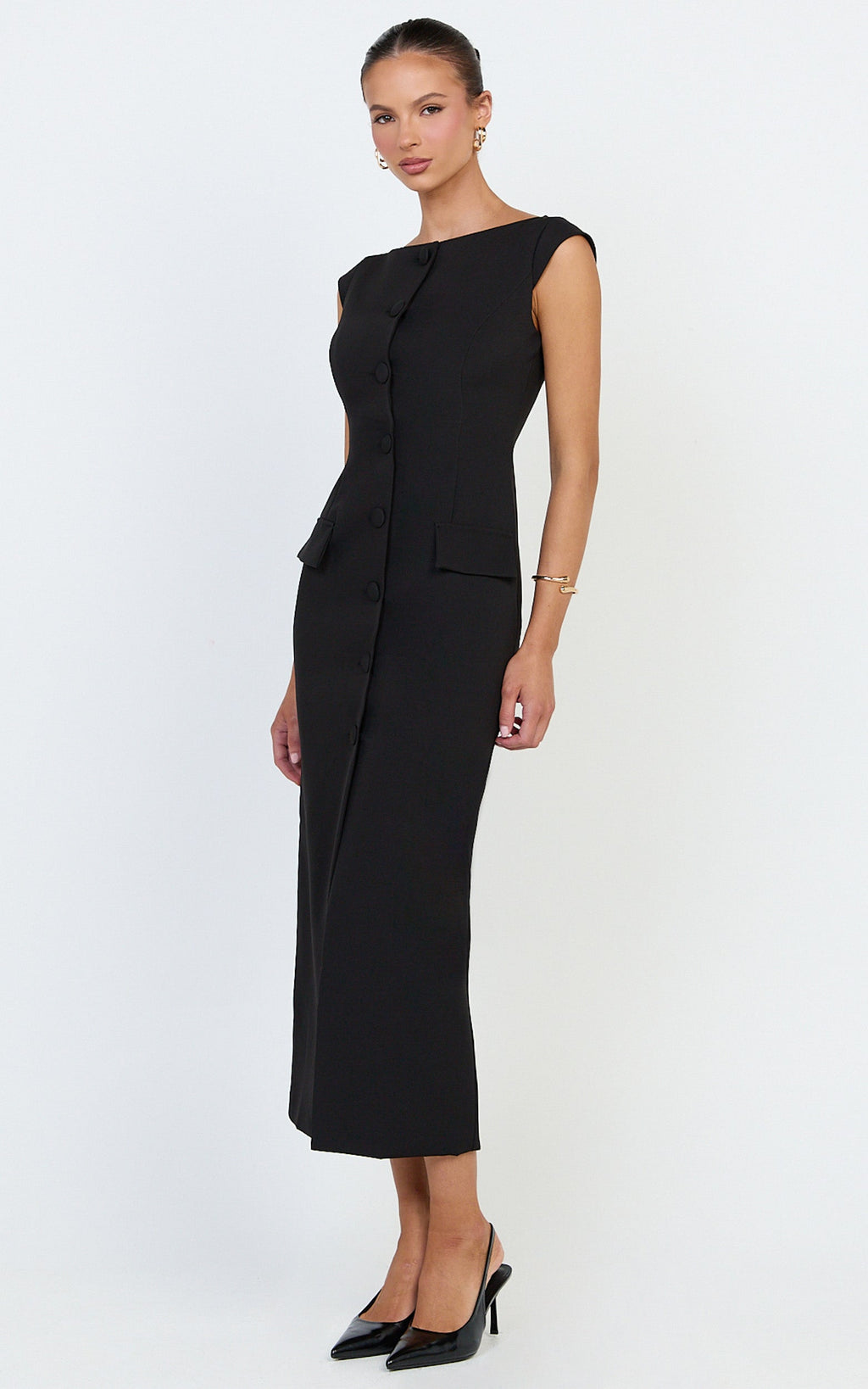 Calista Midi Dress - Boat Neck Button Down Pencil Dress in Black