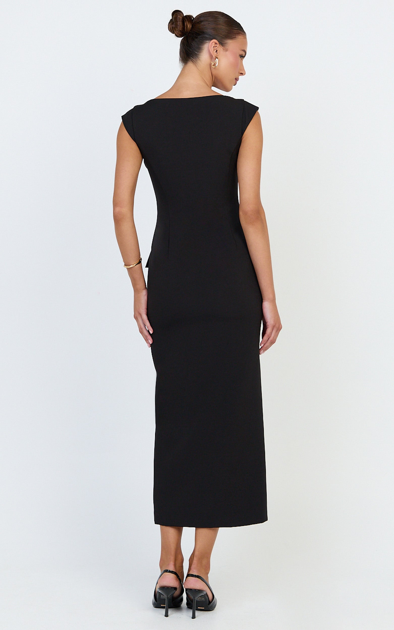 Calista Midi Dress - Boat Neck Button Down Pencil Dress in Black