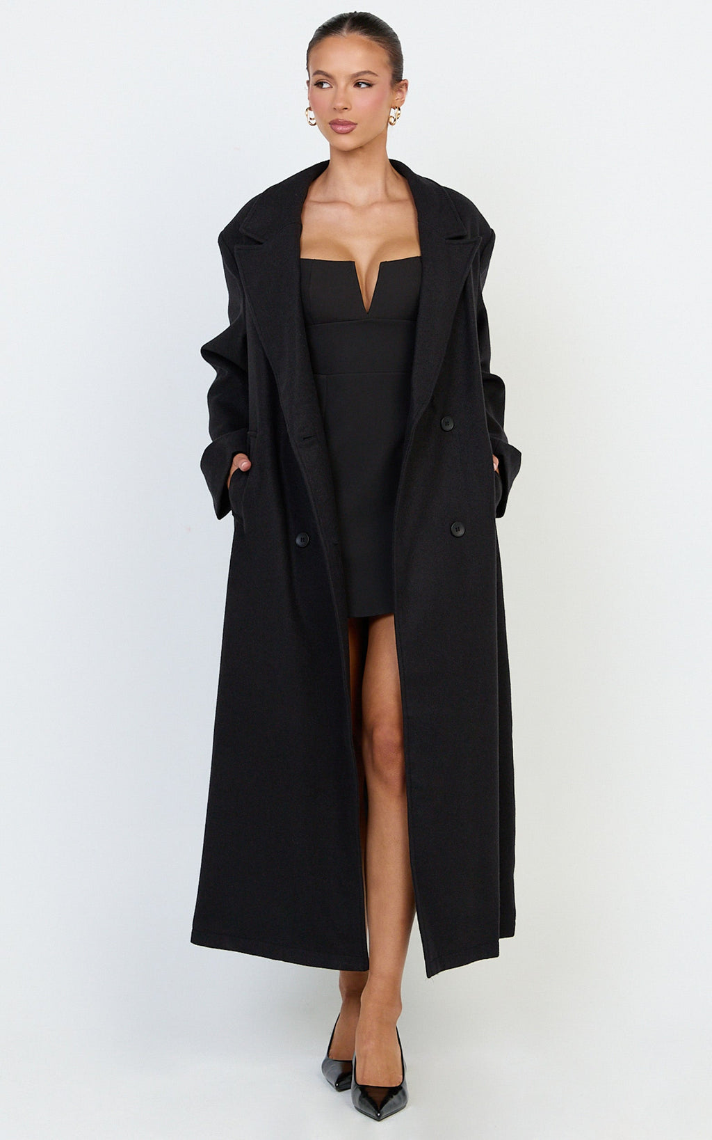Eloise Coat - Oversized Longline Tailored Coat in Black
