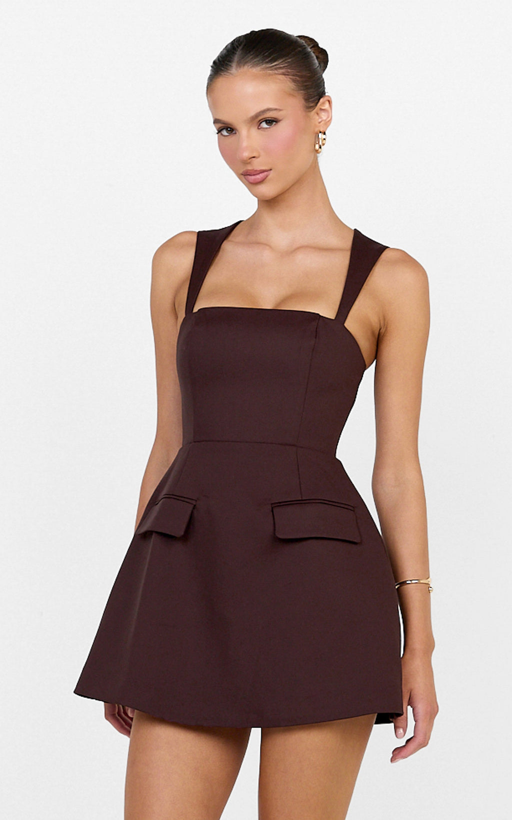 Garrett Mini Dress - Square Neck Fit And Flare Dress in Dark Chocolate