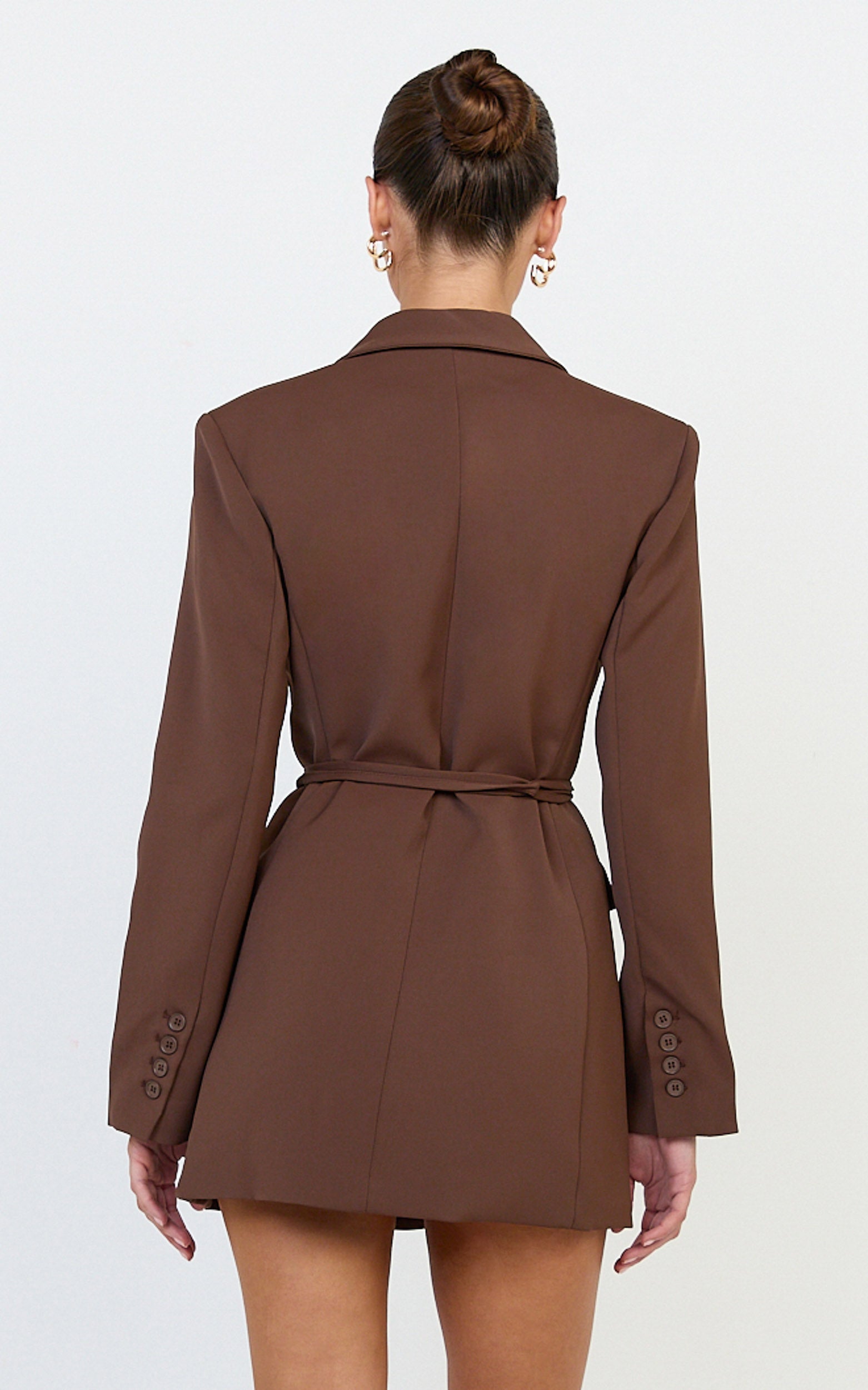 Harlee Mini Dress - Belted Cinch Waist Blazer Dress in Mocha